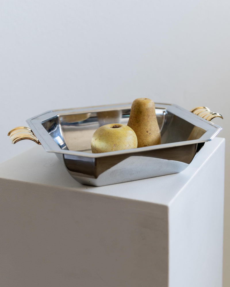 Vintage 1980s Stainless Steel Tray or Fruit Bowl, Polished Surface with Golden Handles, Elegant Serving Design, Table Decor, Gift Idea — in context
