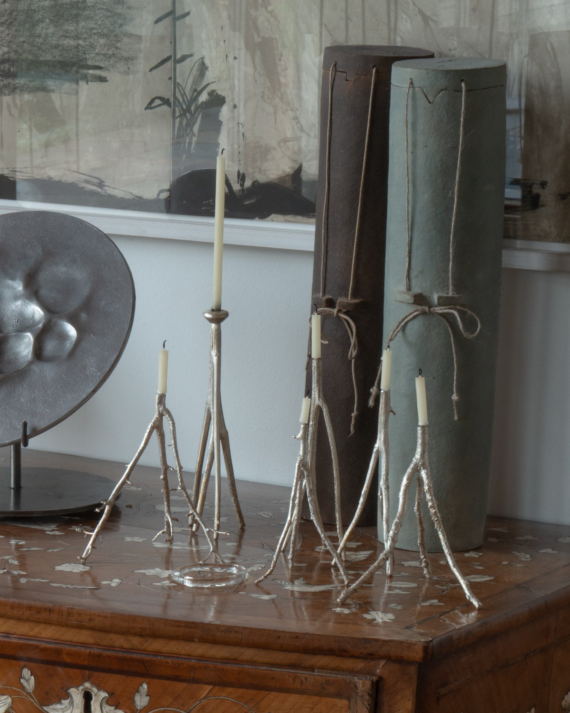 Botanical Candle Holders in Brass and Silver — lifestyle setting