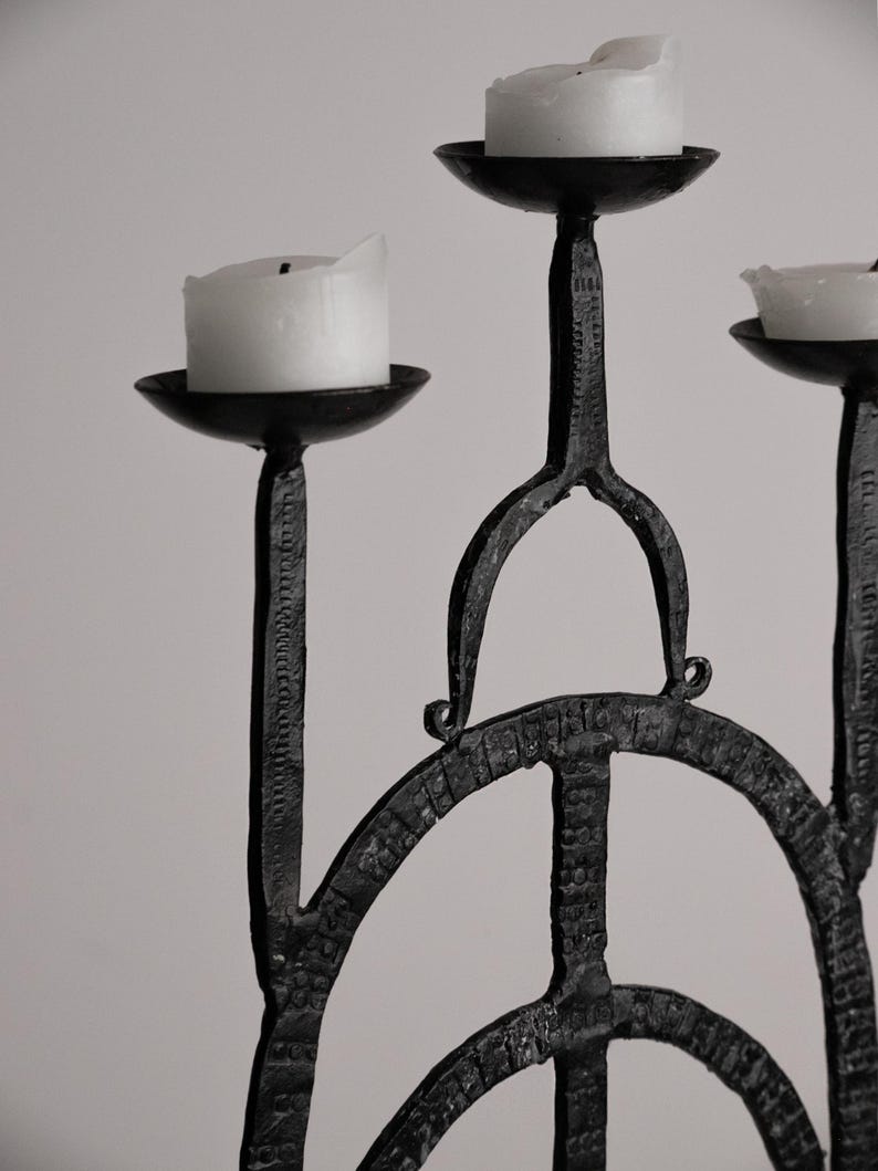 Vintage Brutalist Wrought Iron Candlestick Gothic Arch Grid Candle Holder — detail view