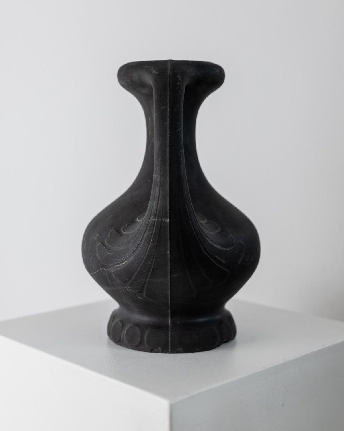 Antique 1920s Lavanite Stone Vase, Sculptural Black Matte Design with Two Handles, Fine Textured Surface, Art Deco Flowervase, Gift Idea — lifestyle setting