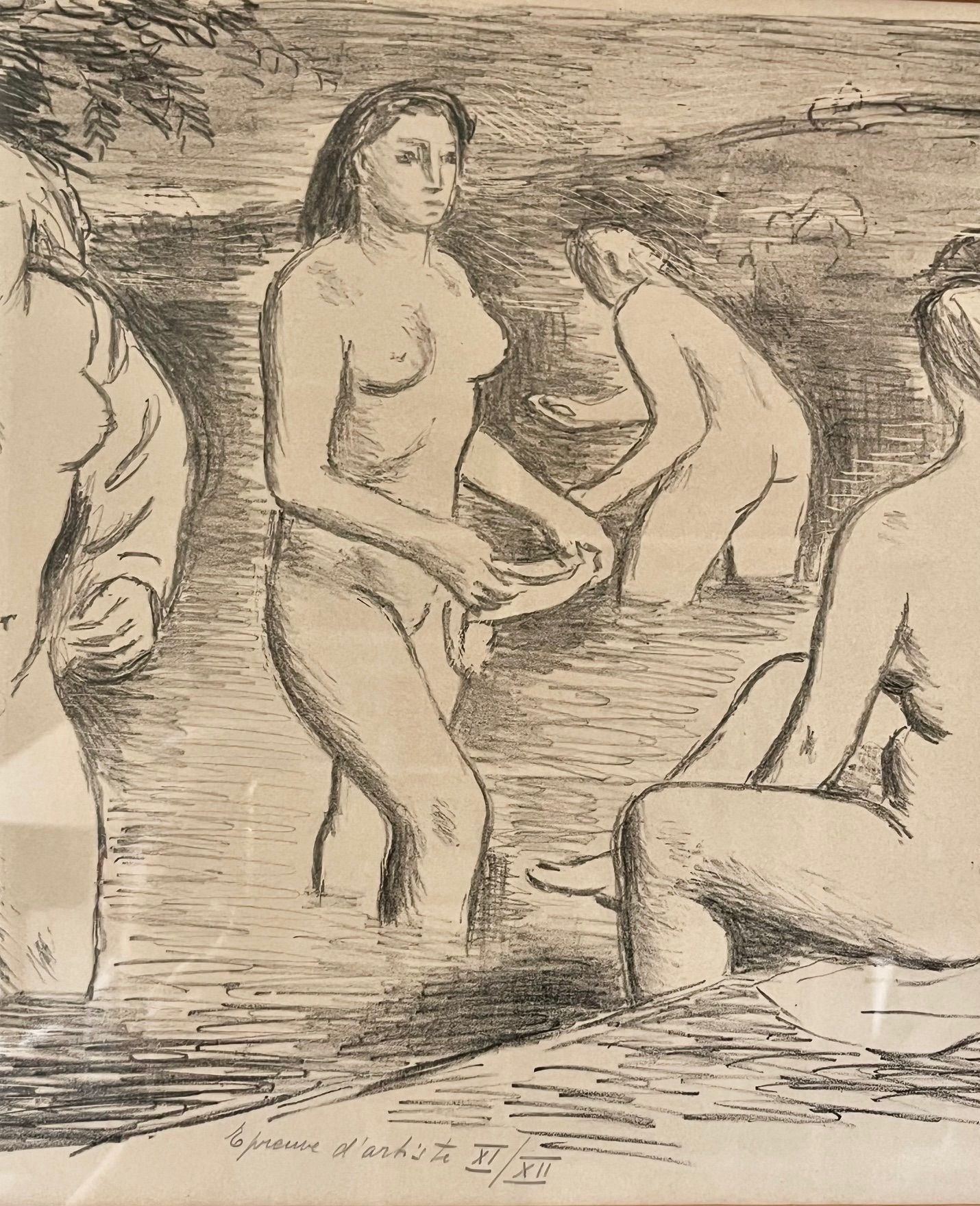 Vintage lithograph drawing depicting nude women bathing scene