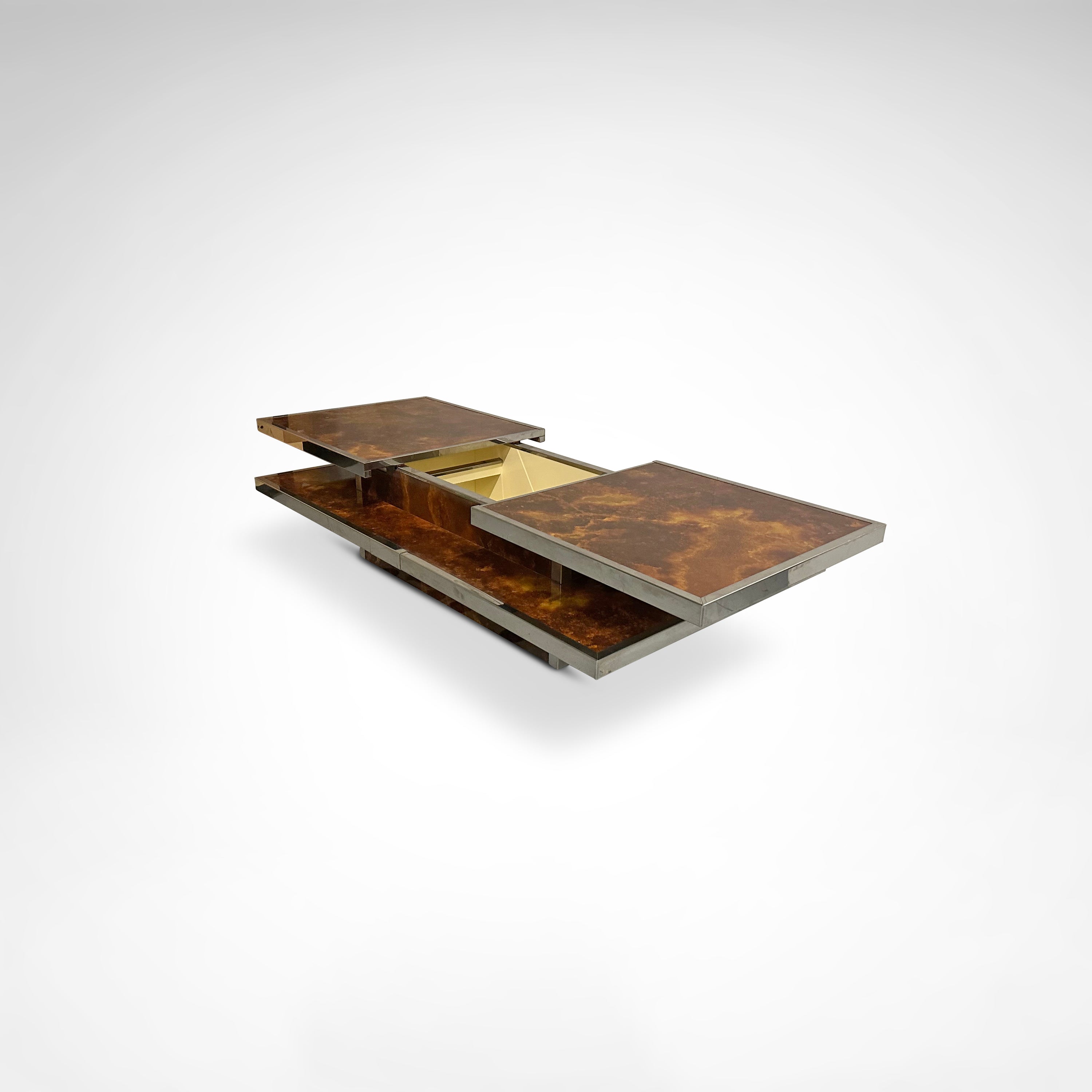 Sliding two tier burl wood and metal coffee table with integrated bar France 1980s — view 10