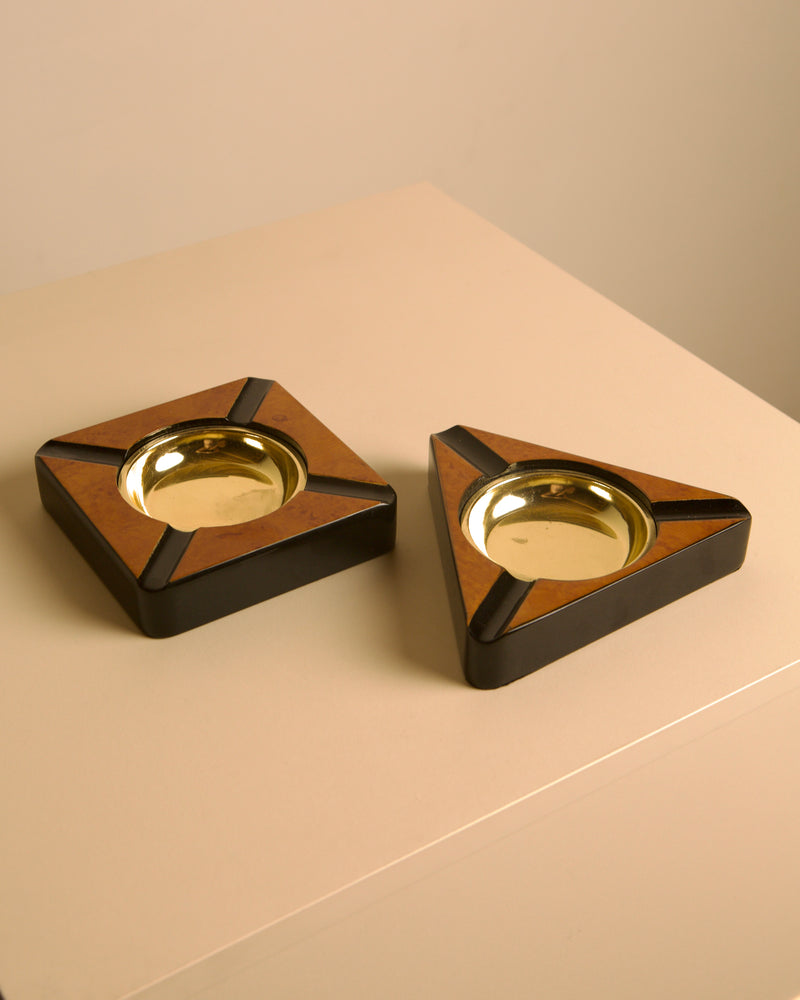 Pair of Italian Burl Wood, Black Lacquer & Brass Ashtrays, 1960s — Square & Triangle by Treaptyque | The Oblist