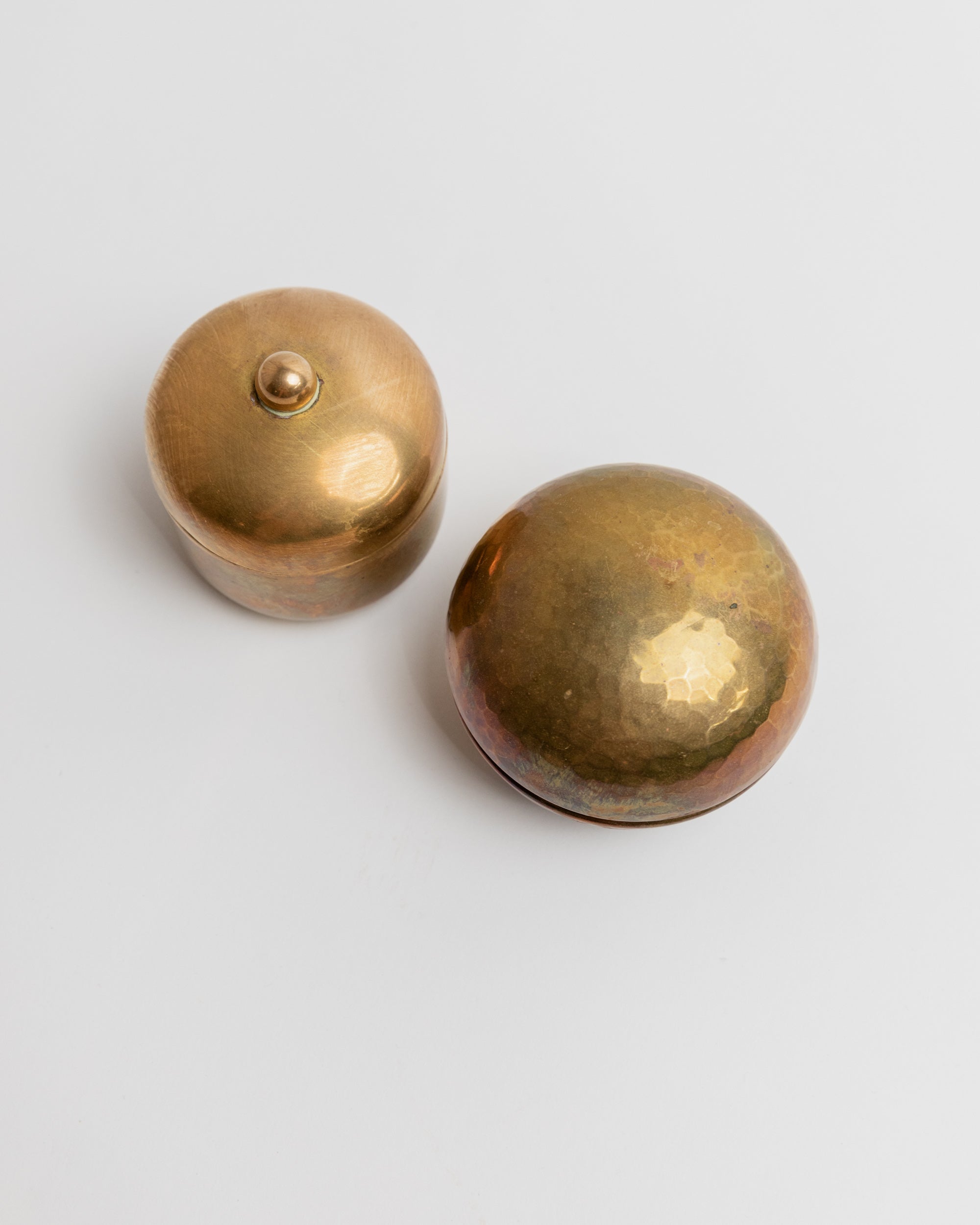 Vintage brass tins open showing interior detail, handmade Italy 1950s