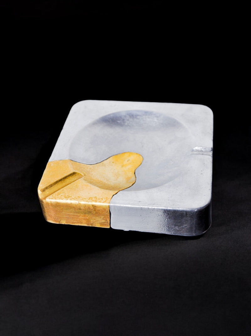Brutalist ashtray by Art3, brass and aluminum, Spain, 1970 — close-up showing metallic surface details