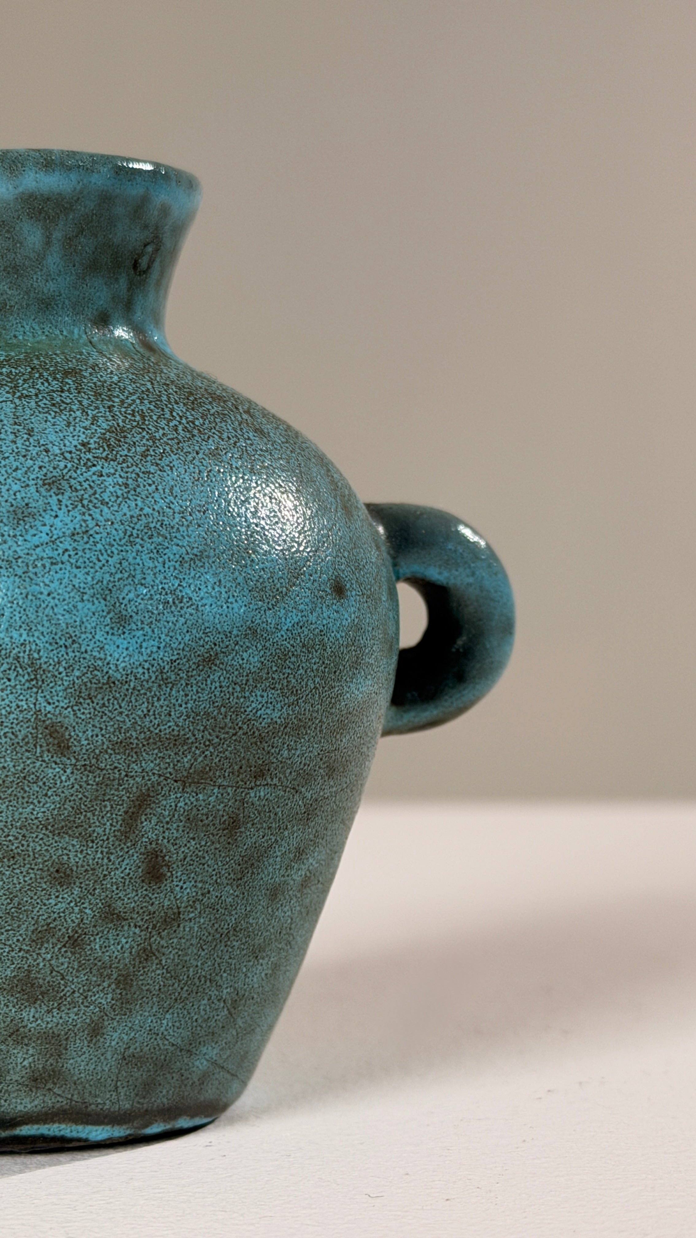 Small Ear-handled Vase by Potiers d'Accolay, France, circa 1960 — close-up of textured turquoise ceramic surface