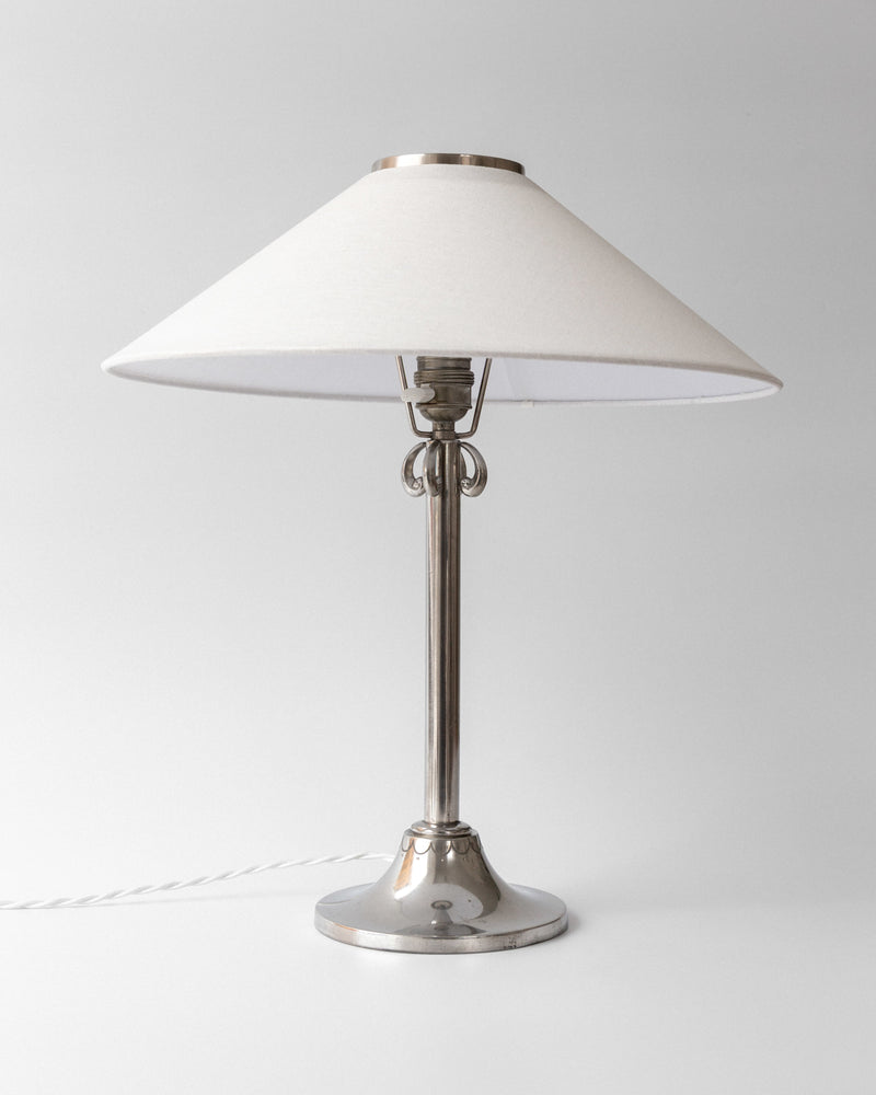 Art Deco Pewter Table Lamp by Celestine Andersson, 1930, Sweden — close-up of polished pewter base and fabric shade