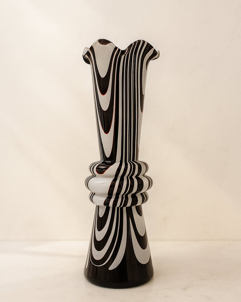 Vintage Italian opaline vase with black and white striped pattern