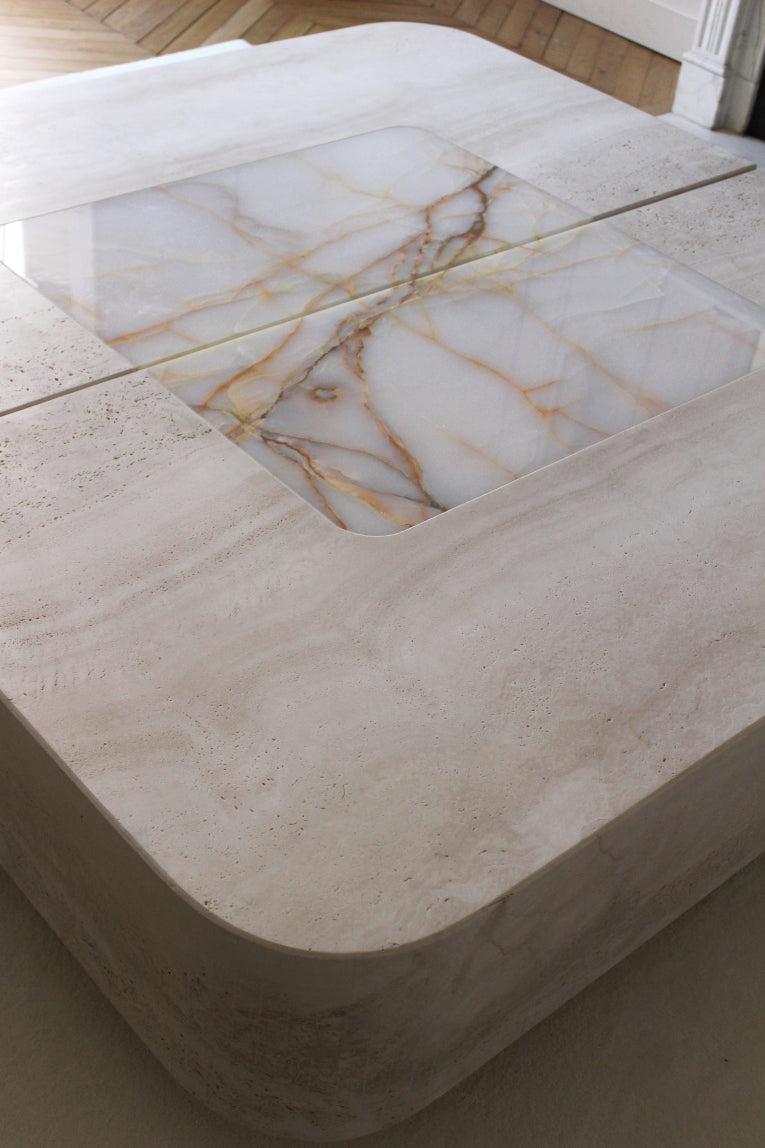 Baci Coffee Table — top view of concrete base with marble inlay