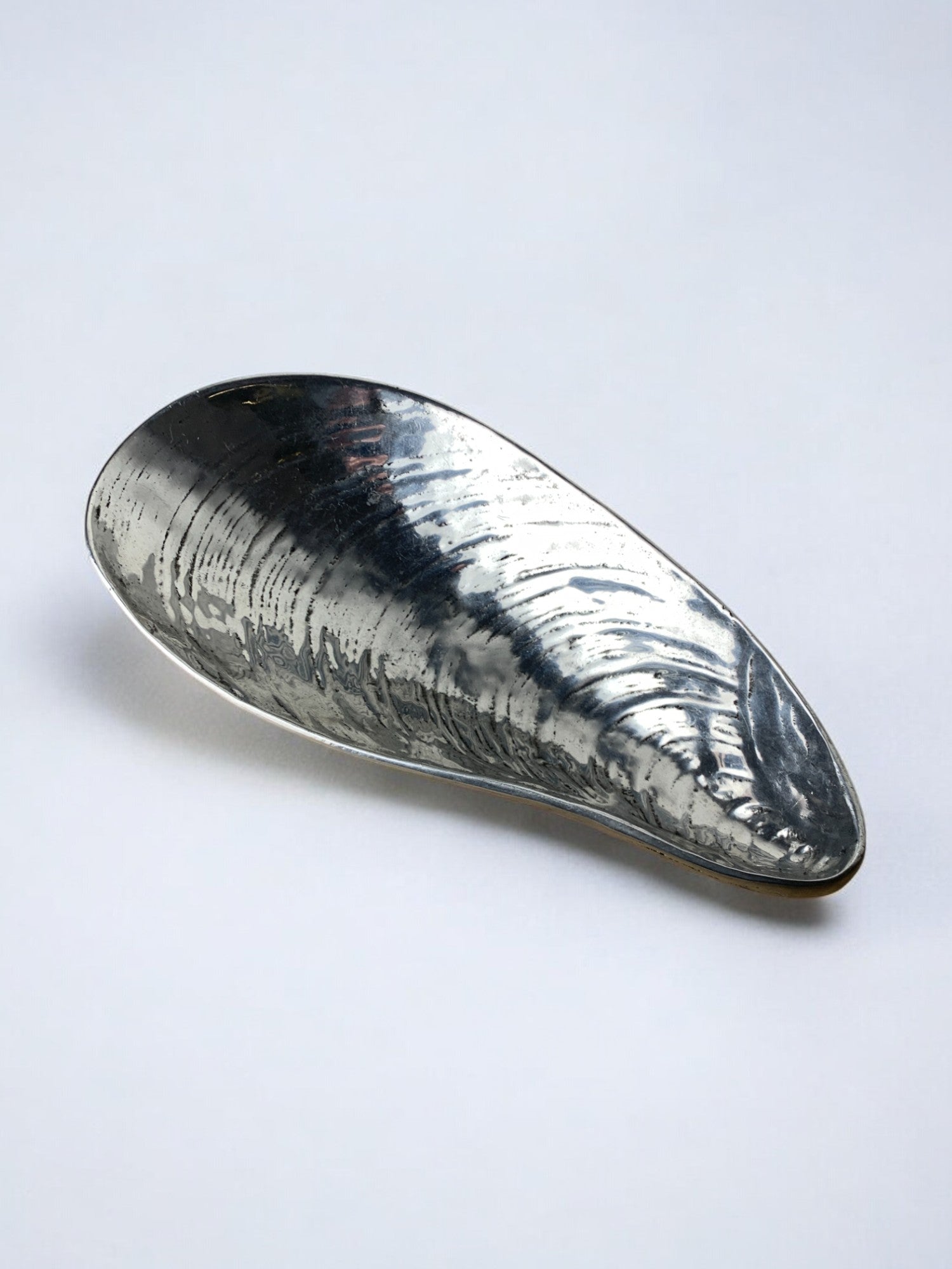 Large Mussel Shell Vide-Poches, Chromed Metal, Italy, 1970s — angled view on white background