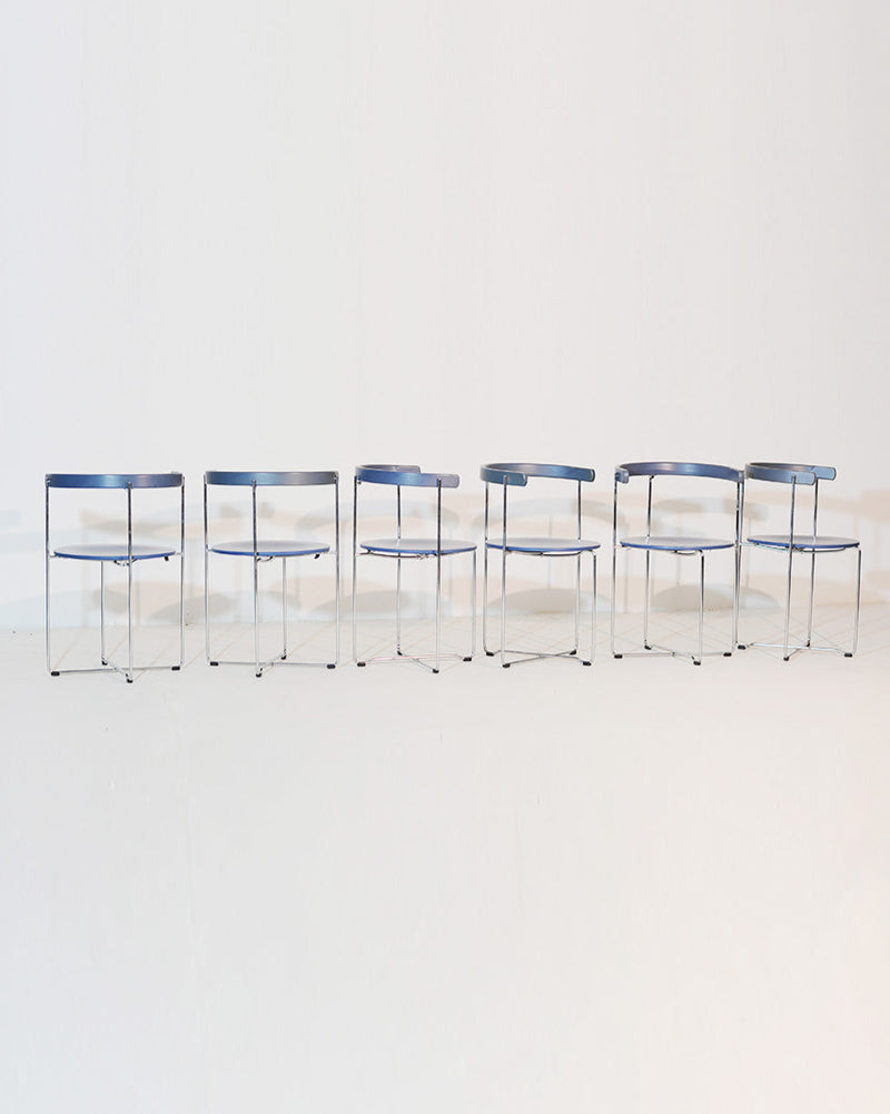 Set of 6 vintage blue Soley chairs with chrome legs, 1980s design