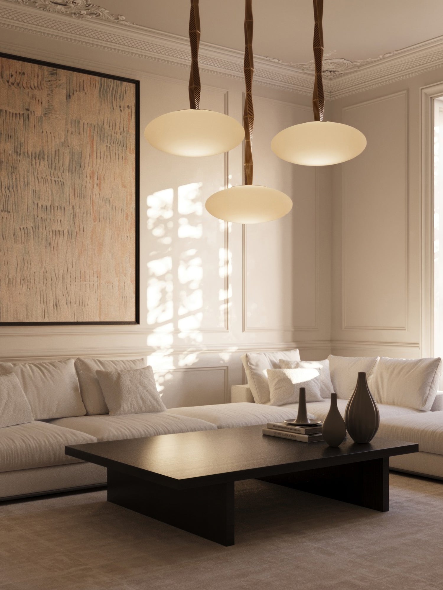 JULES Pendant with Opal Glass — hanging above modern sofa in living room