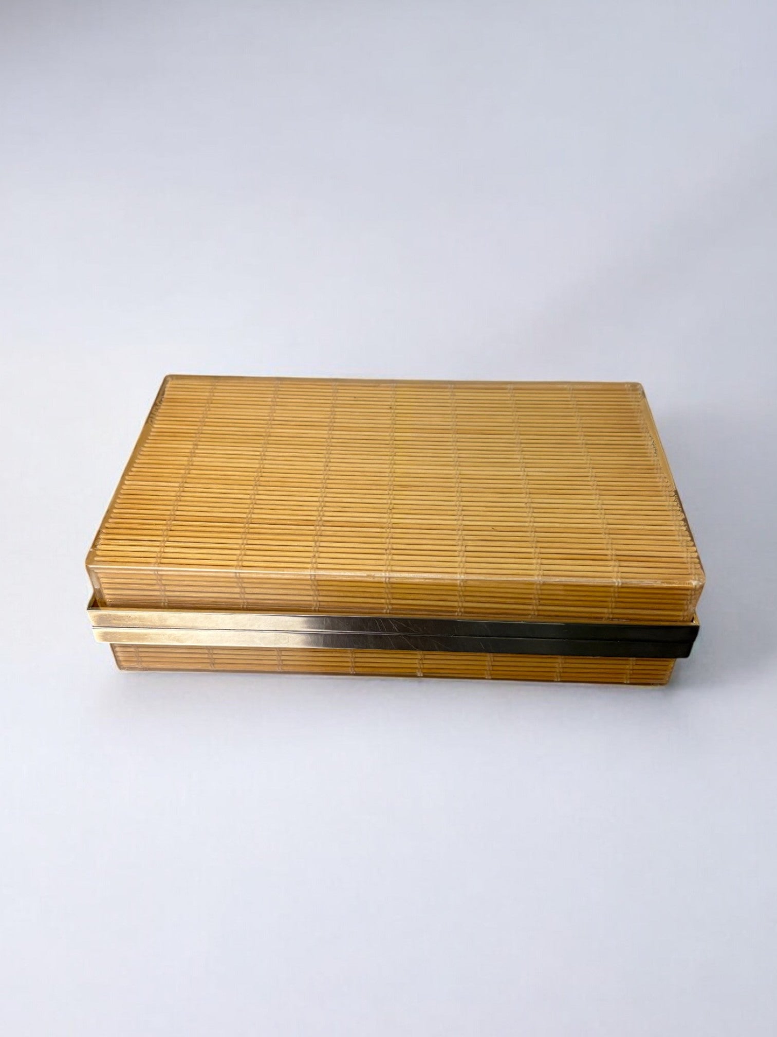 Christian Dior Style Lucite & Rattan vanity Box, 1970 — lifestyle setting