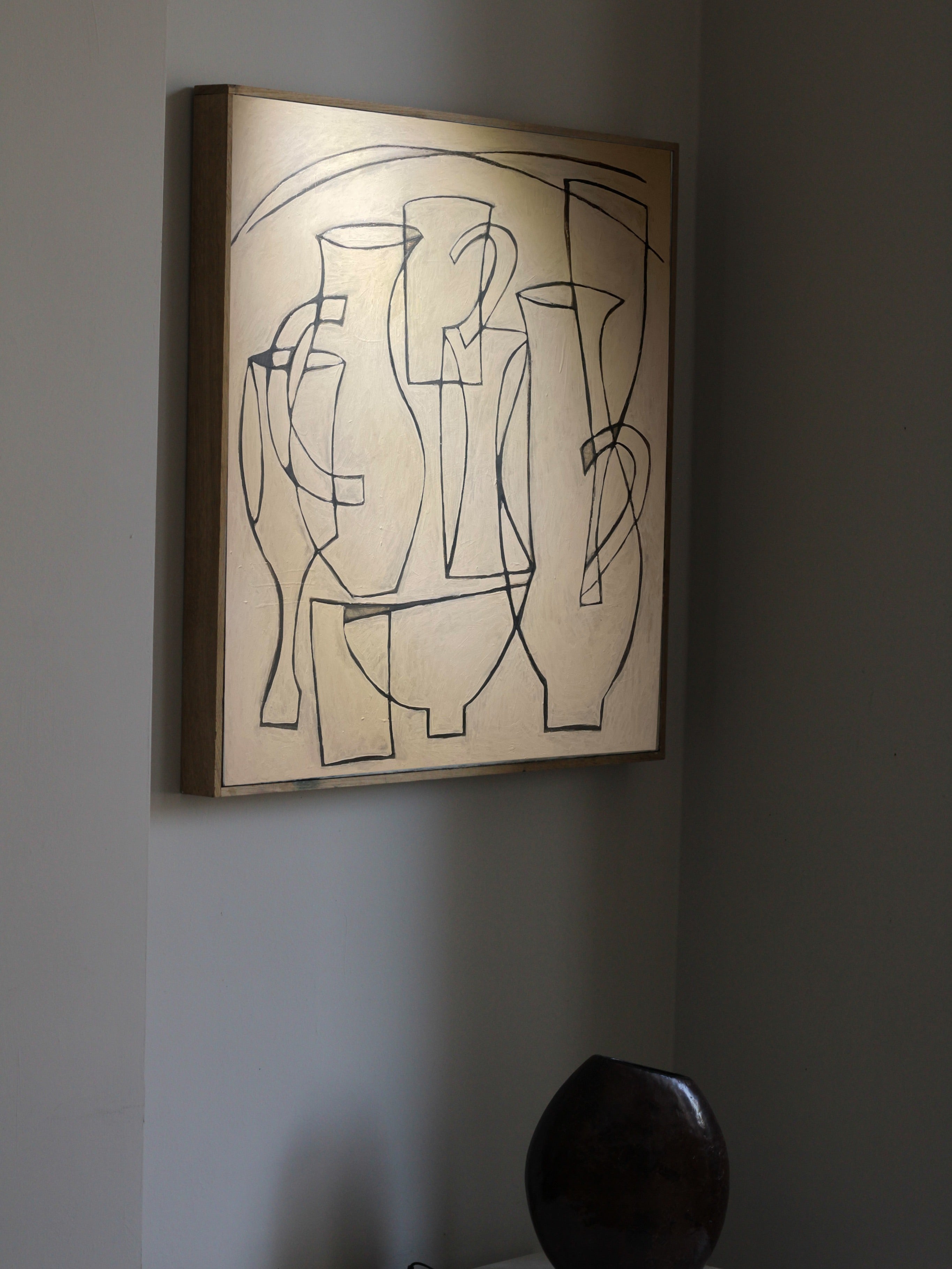 Linea Still Life Original Painting — angled view with gold background and black outlines