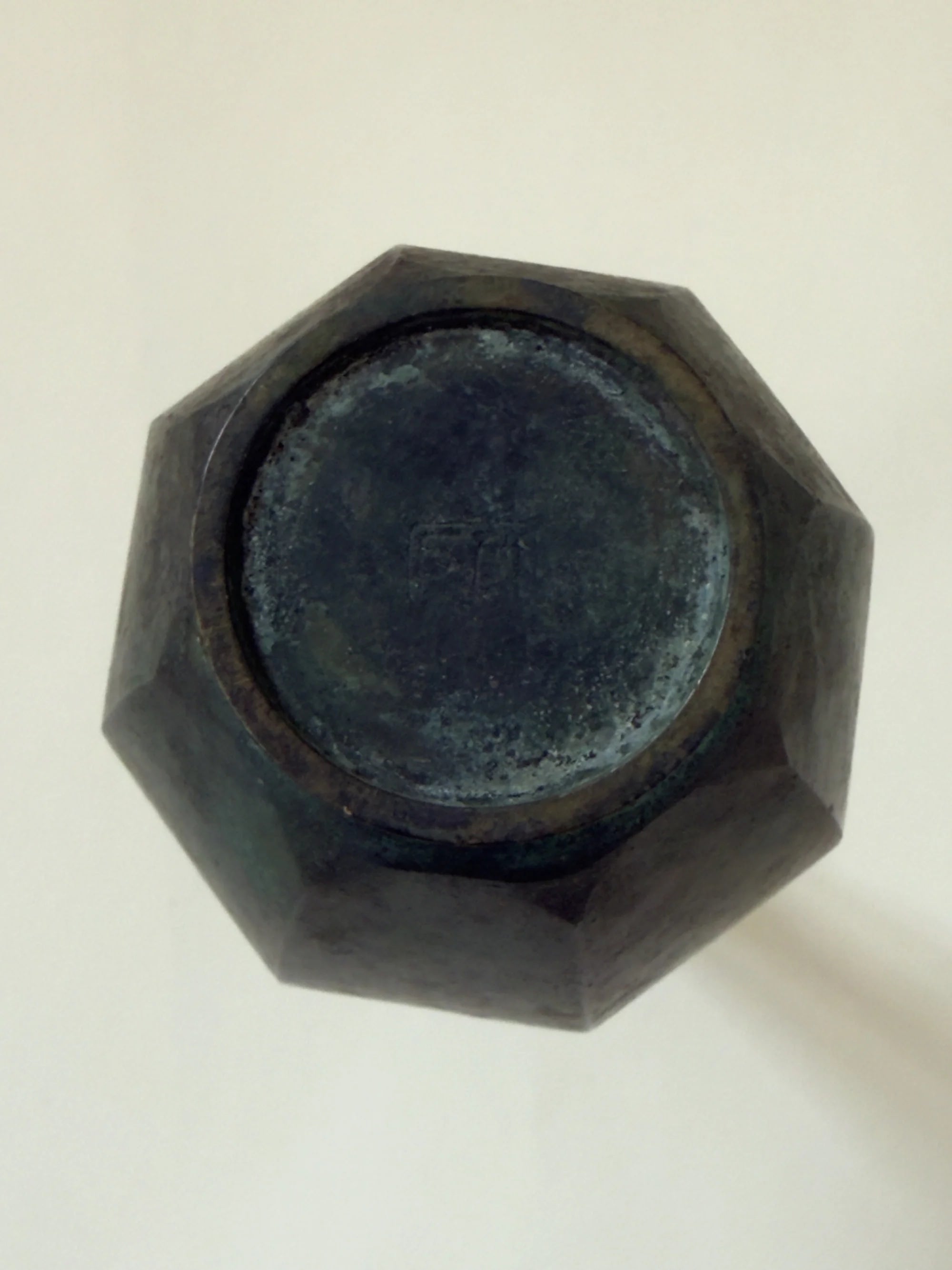 Rare Japanese Hexagonal Bronze Vase — top view showing patina finish