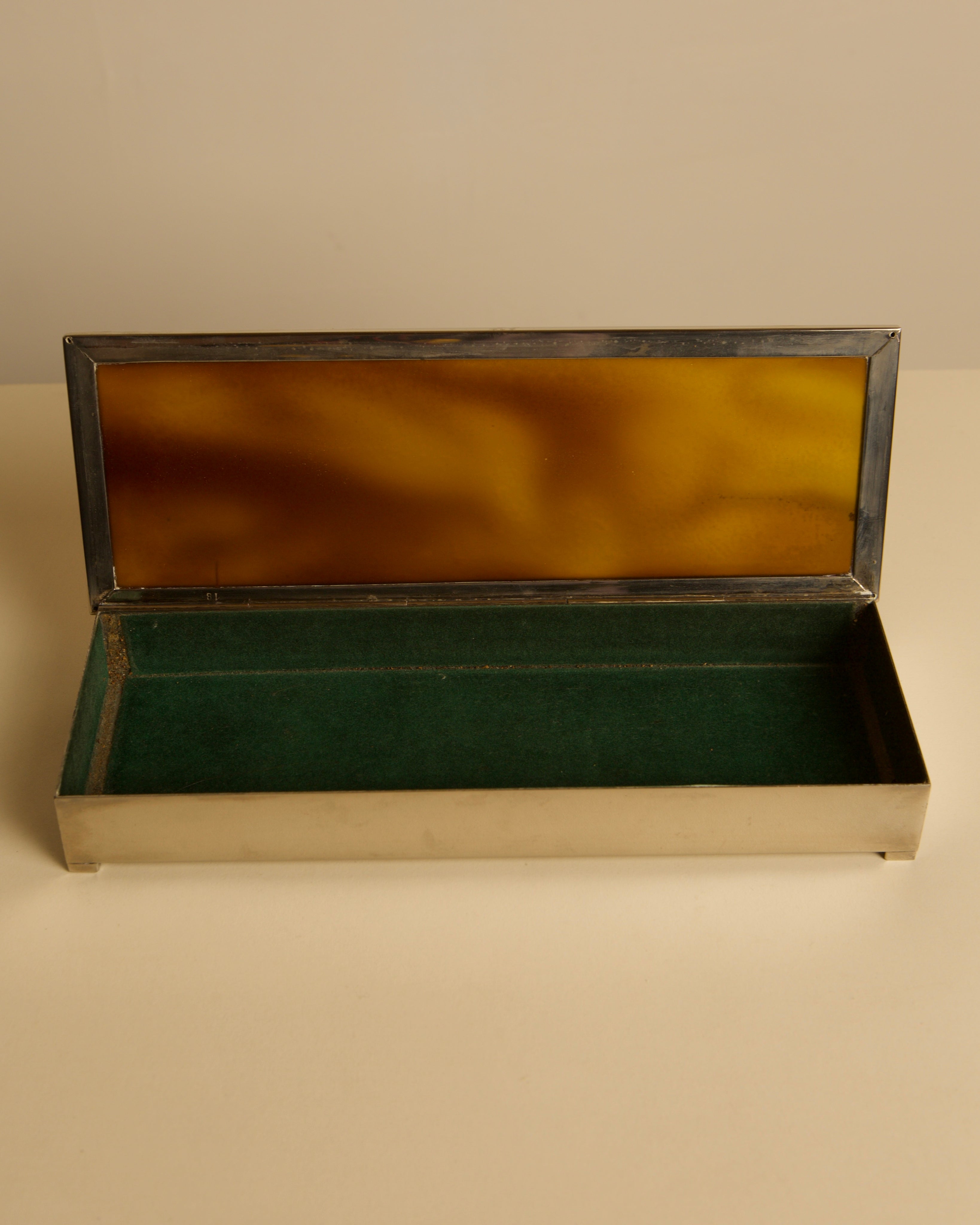 Italian rectangular box in chrome metal, amber faux tortoiseshell lacquer and green velvet — lifestyle setting