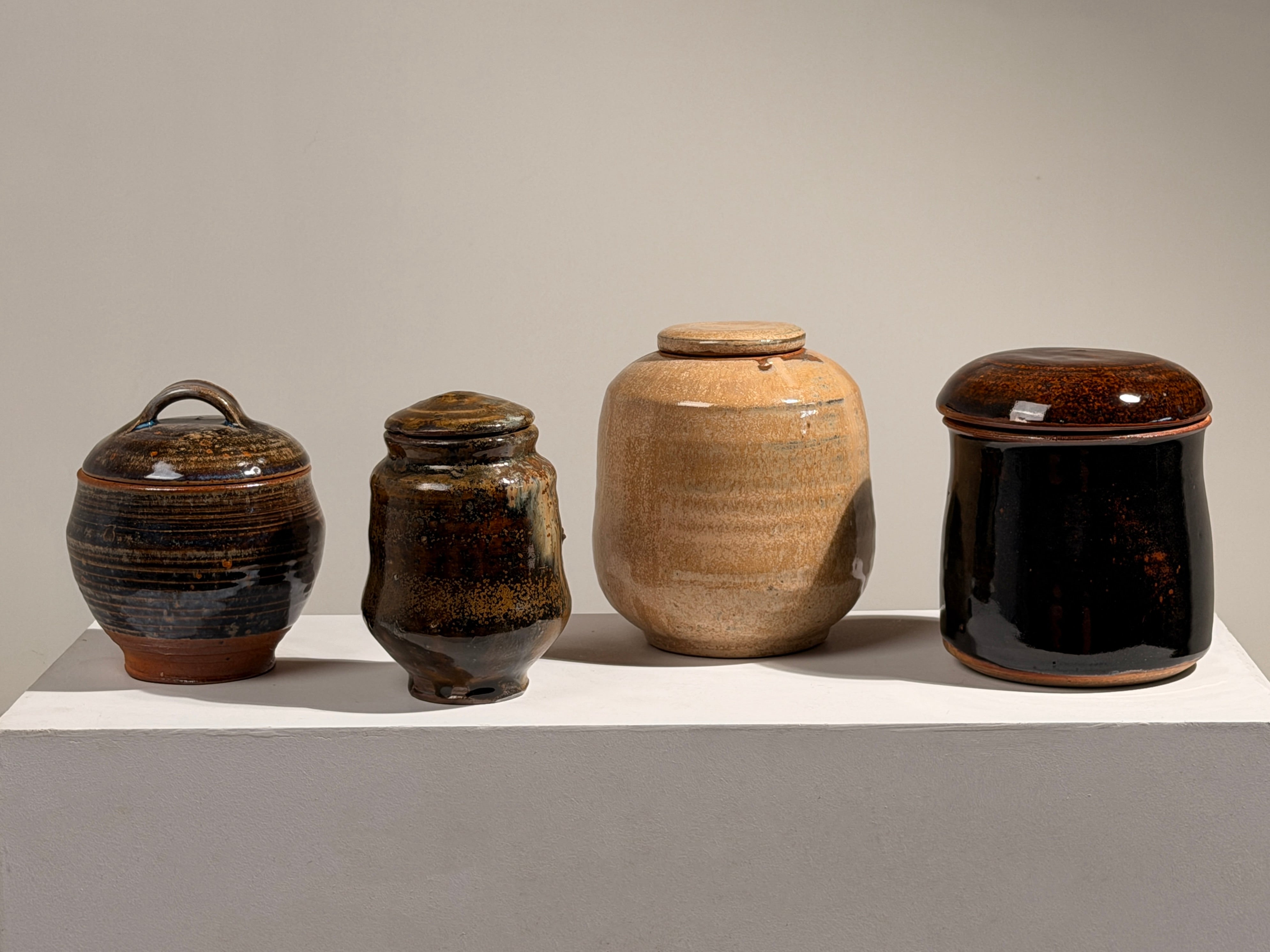Covered stoneware pot, France, circa 1960 — close-up