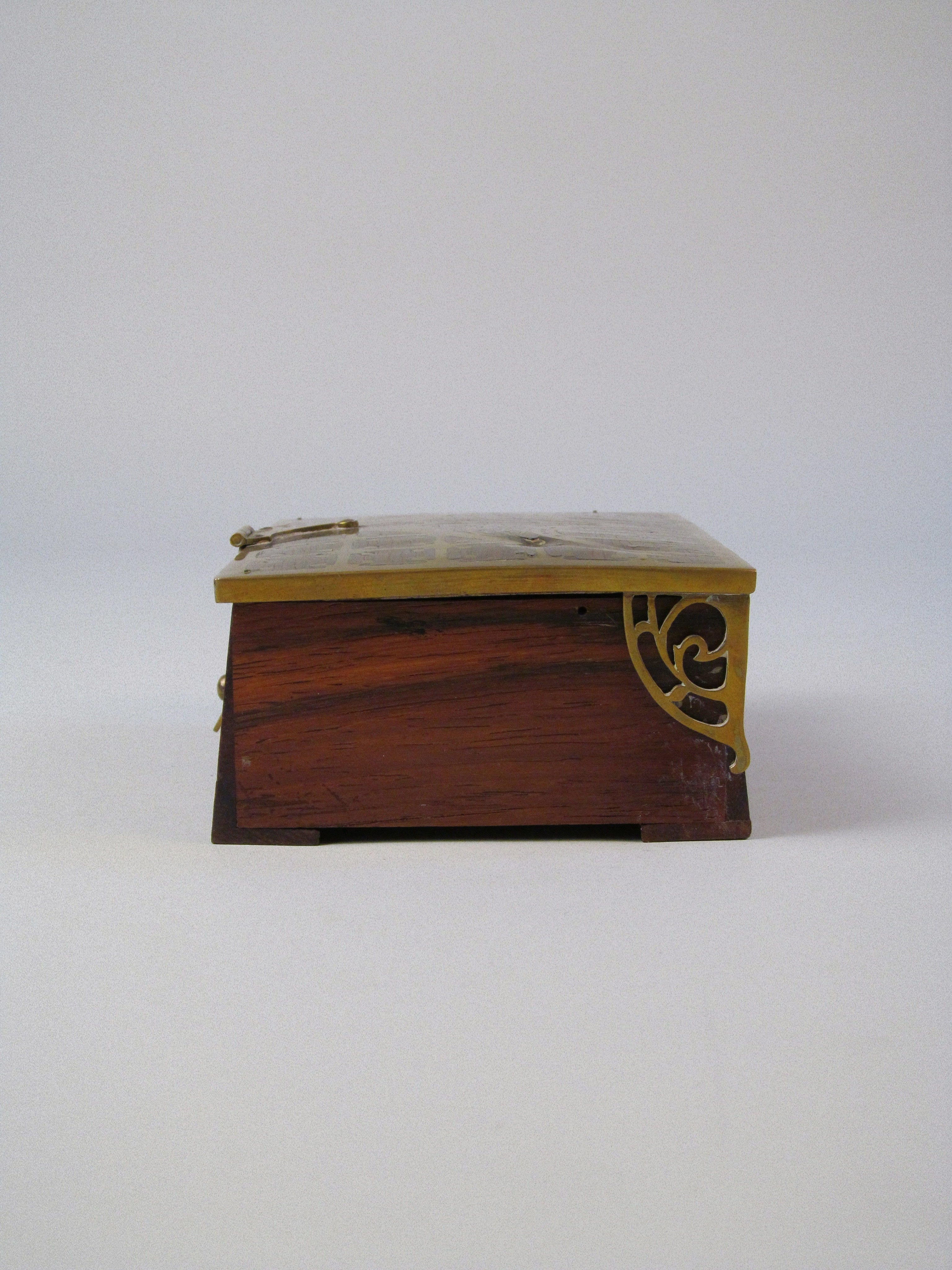 Seccessionist Cigar Box c.1910 With Contents — side view showing brass and wood materials