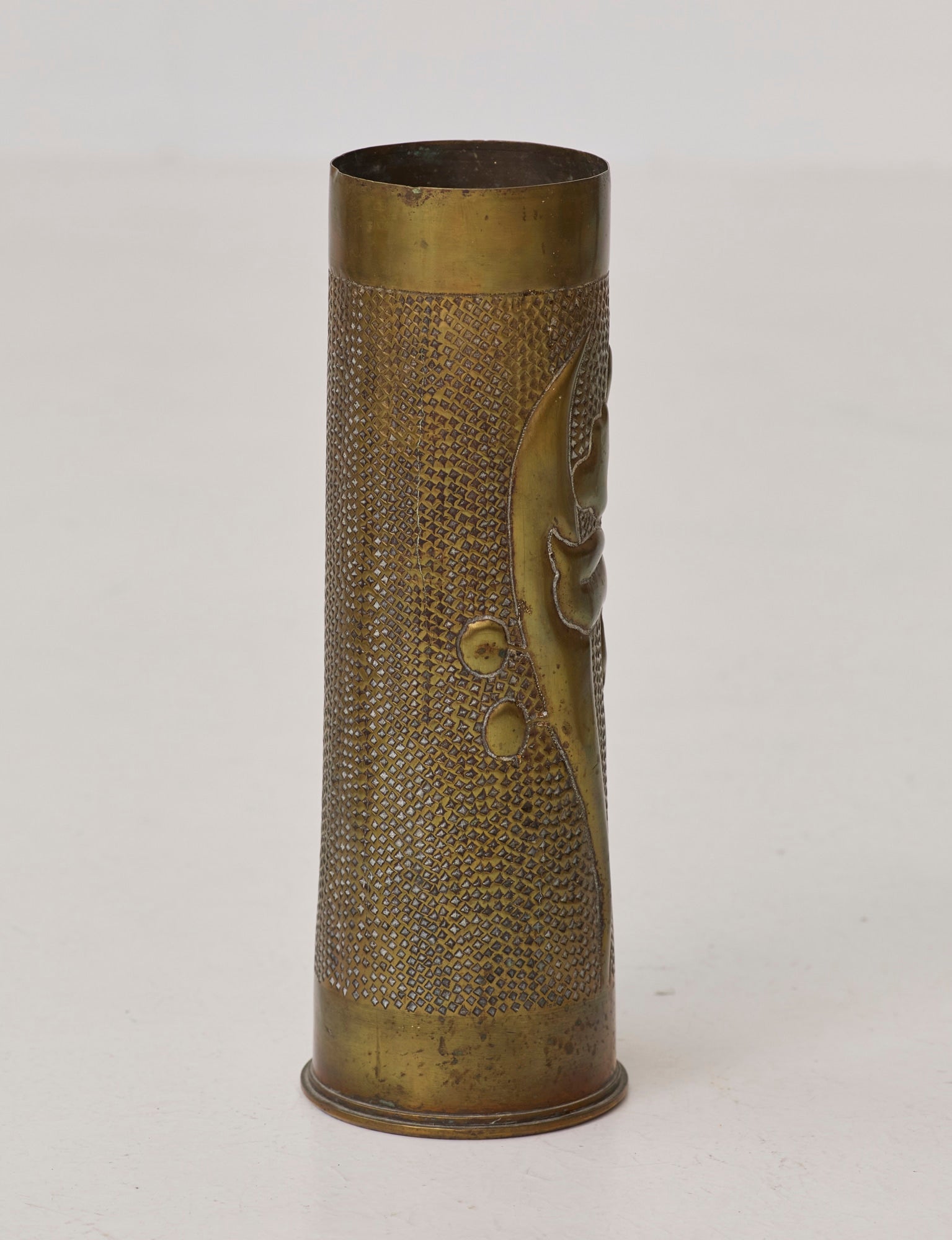 Vintage Vase in Metal Brass (hand-repoussé Iris motif) — close-up