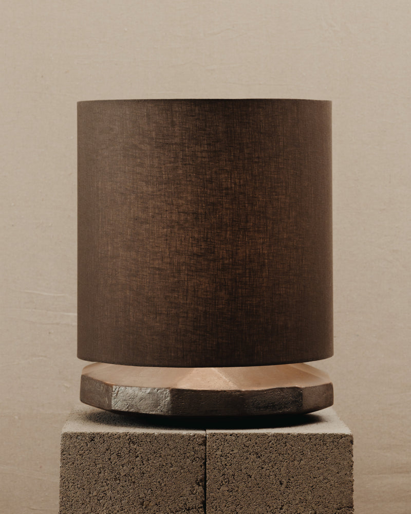 Radian Lamp — close-up of dark fabric shade and wooden base