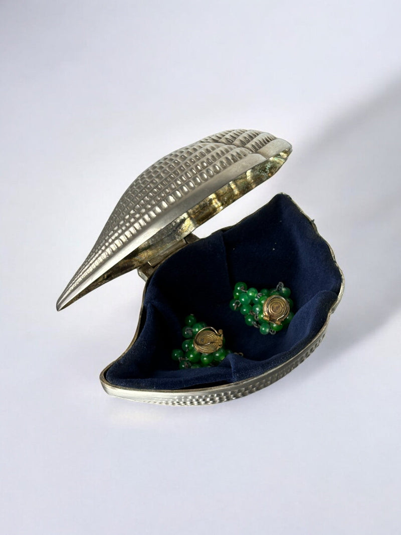 Shell Jewelry Box, Silver Plated, Italy, Circa 1970s — open view showing navy interior and green beads