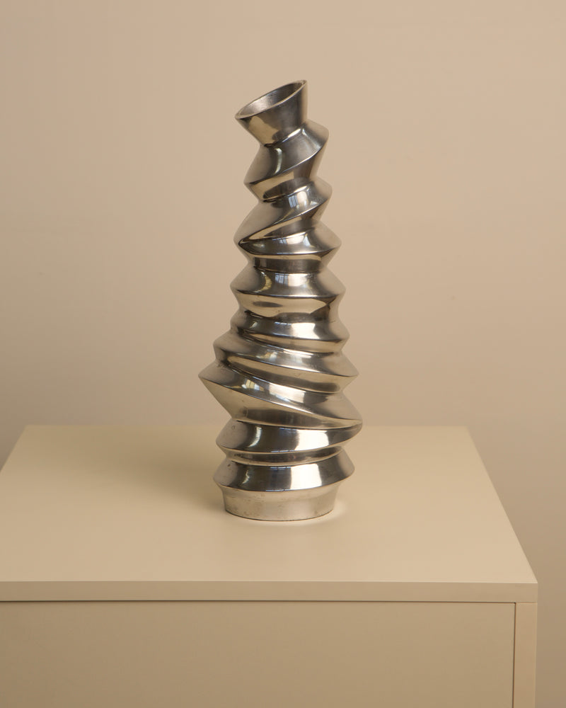 Large Italian aluminum spiral vase with twisted sculptural form