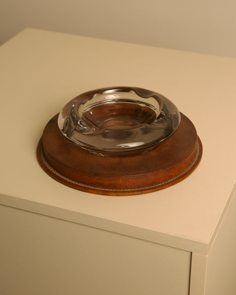 Italian ashtray in patinated brown leather and crystal, 1950s by Treaptyque | The Oblist — vintage leather and crystal