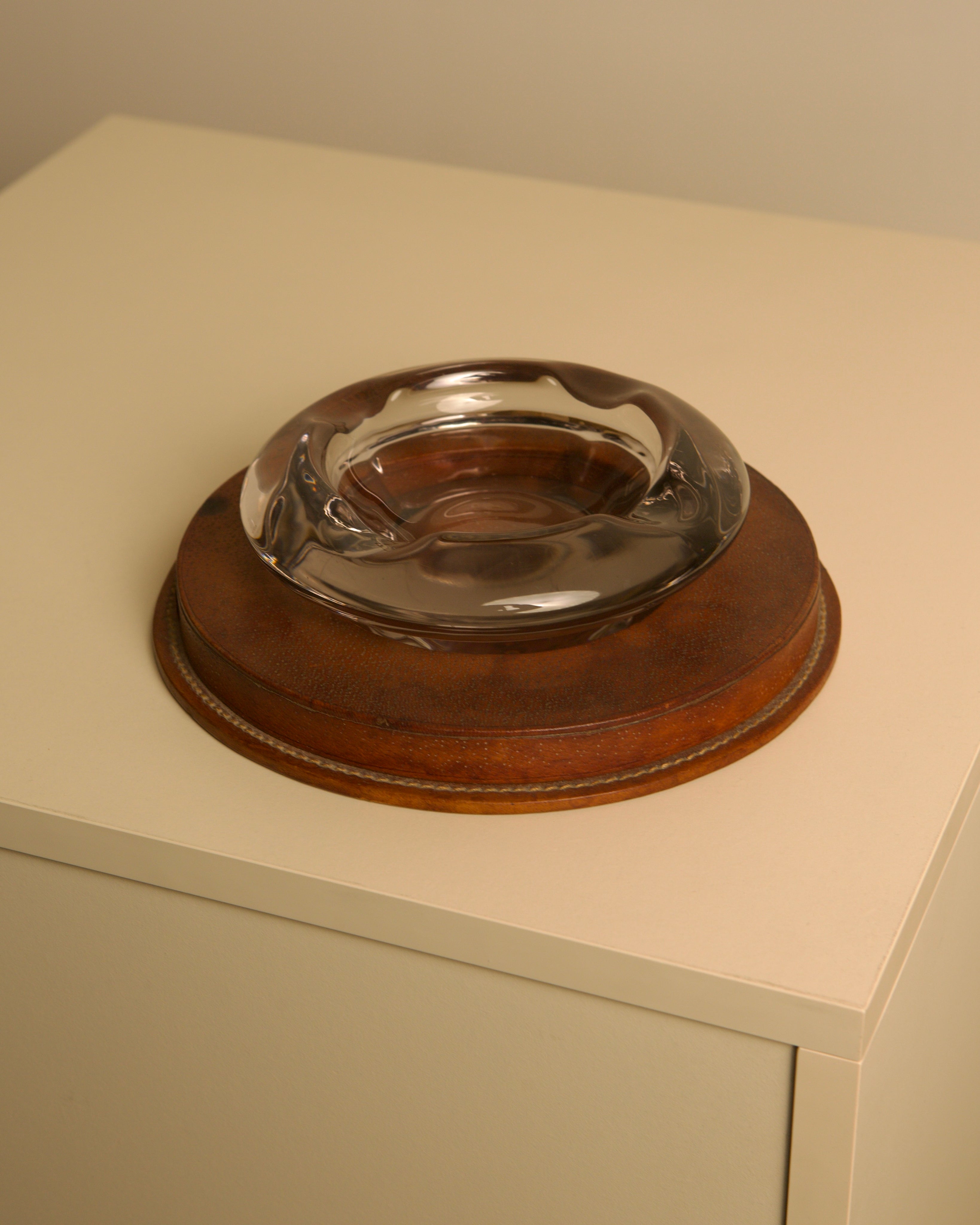 Italian ashtray in patinated brown leather and crystal, 1950s by Treaptyque | The Oblist — vintage leather and crystal
