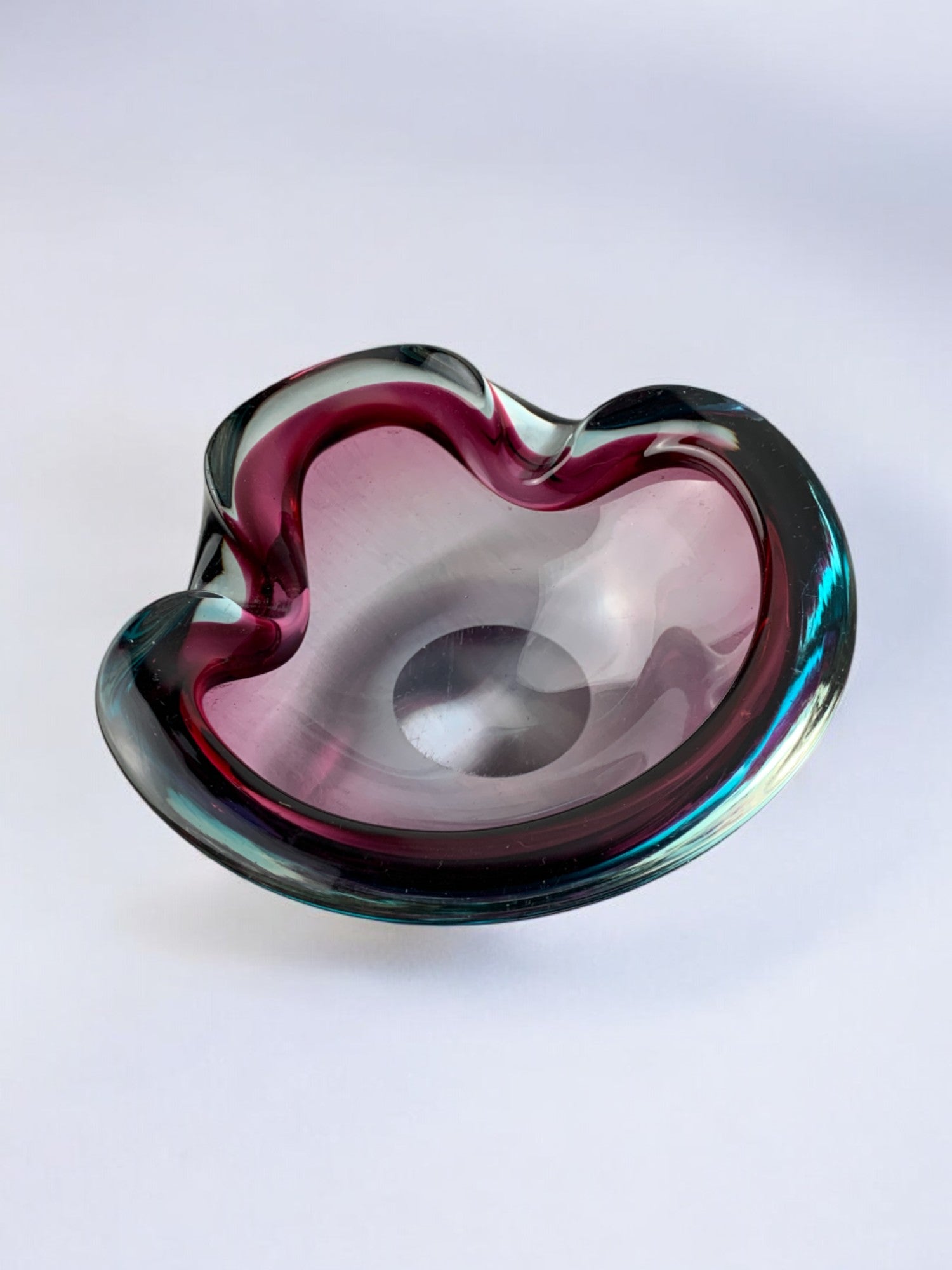 Sommerso Bowl by Seguso, Murano Glass, Italy, 1970's — angled view highlighting deep red and teal colors