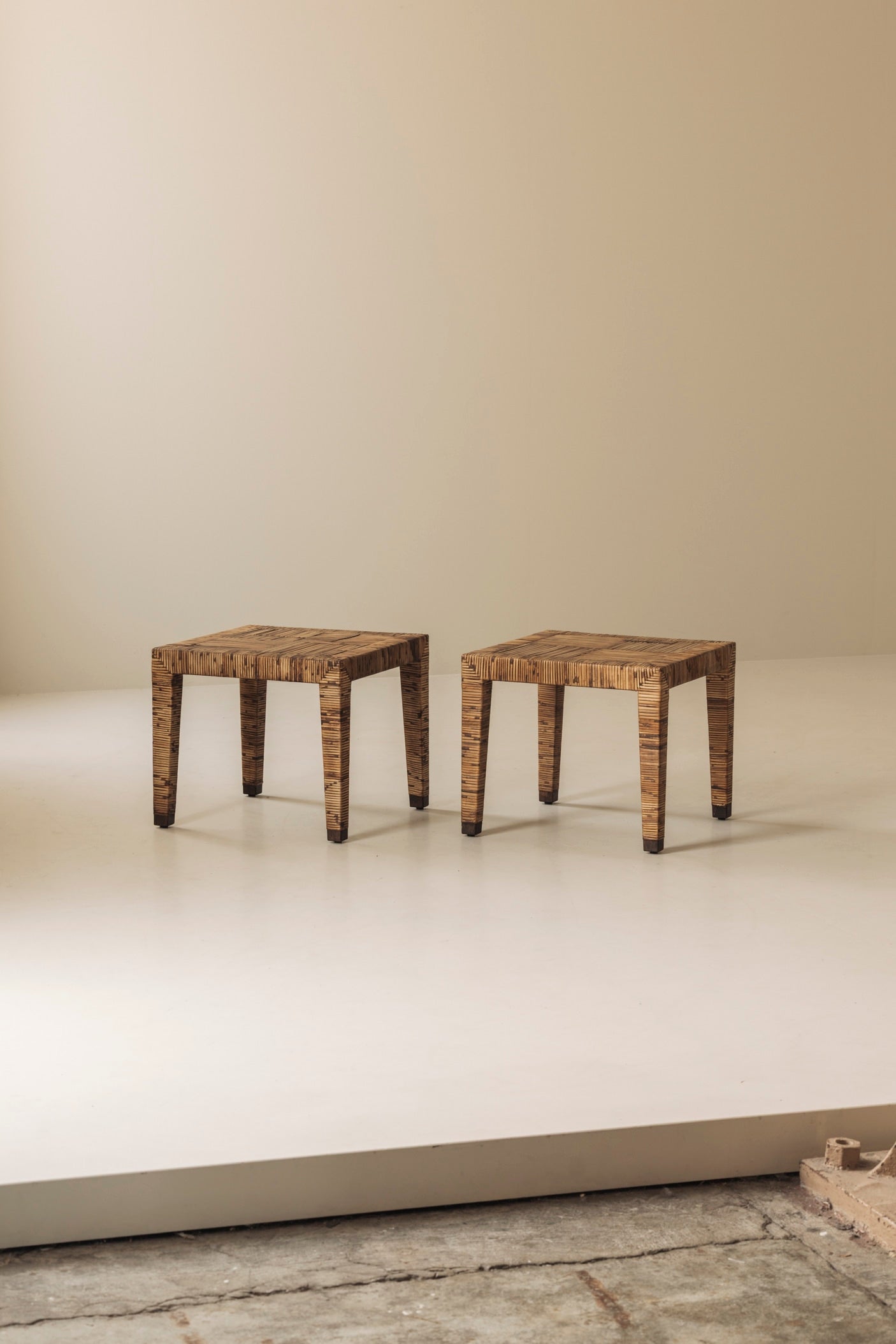 Exceptional French Rattan Wrapped Side Tables, 1970s — Pair — view 9