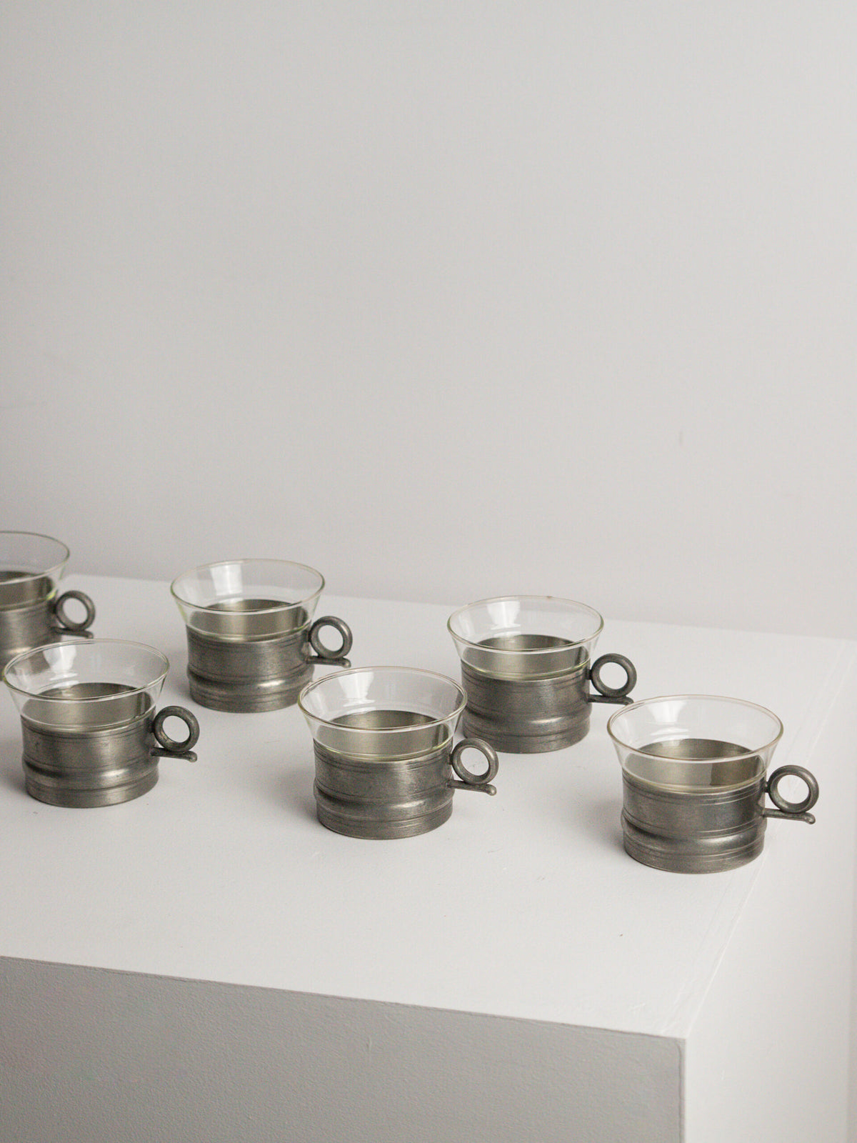 Set of Six Scandia Tenn Pewter Tea Glass Holders with Pressed Glass Inserts, Karlshamn, Sweden, 1977 — detail view