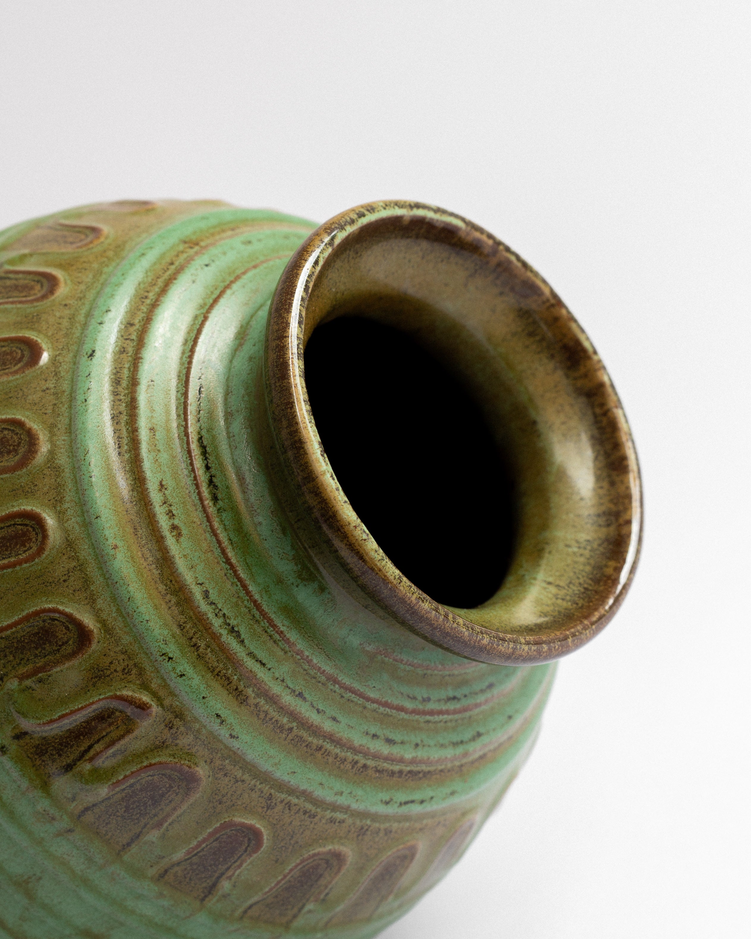Green Glazed Relief Vase by Erik Mornils, 1930s-40s — lifestyle setting