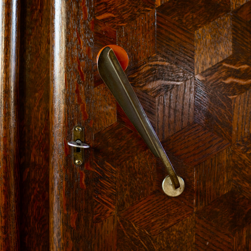 Pair of Art Deco Belgian Parquetry Cabinets with Rose Marble Tops — close-up of parquetry detail and brass handle