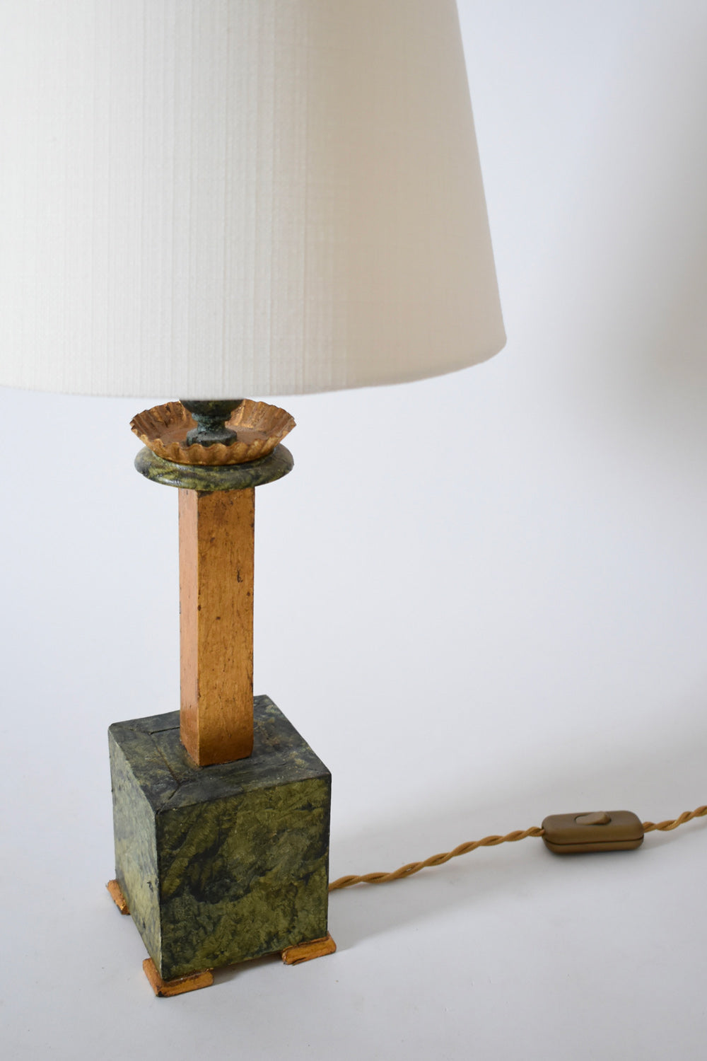 Pair of marble trompe l'oeil wooden lamps, 1940s — lifestyle setting
