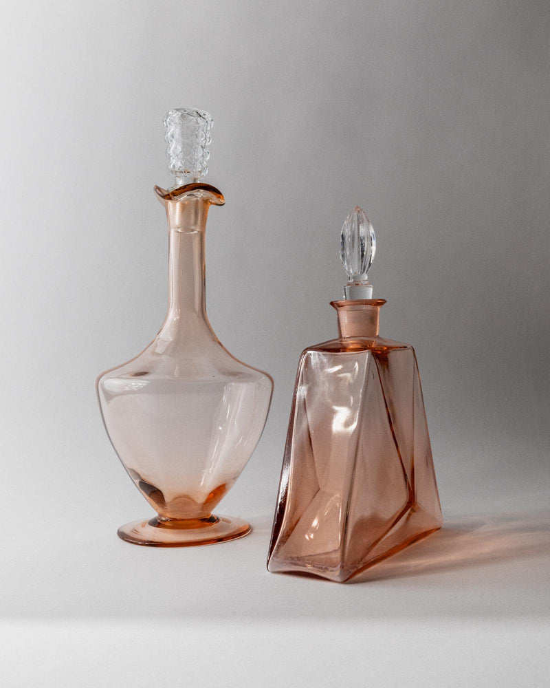 Vintage 1940s Murano Glass Decanter Set of 2, Rosalin Glass with Stoppers, Different Sculptural Shapes, Elegant Italian Decor, Gift Idea — side angle