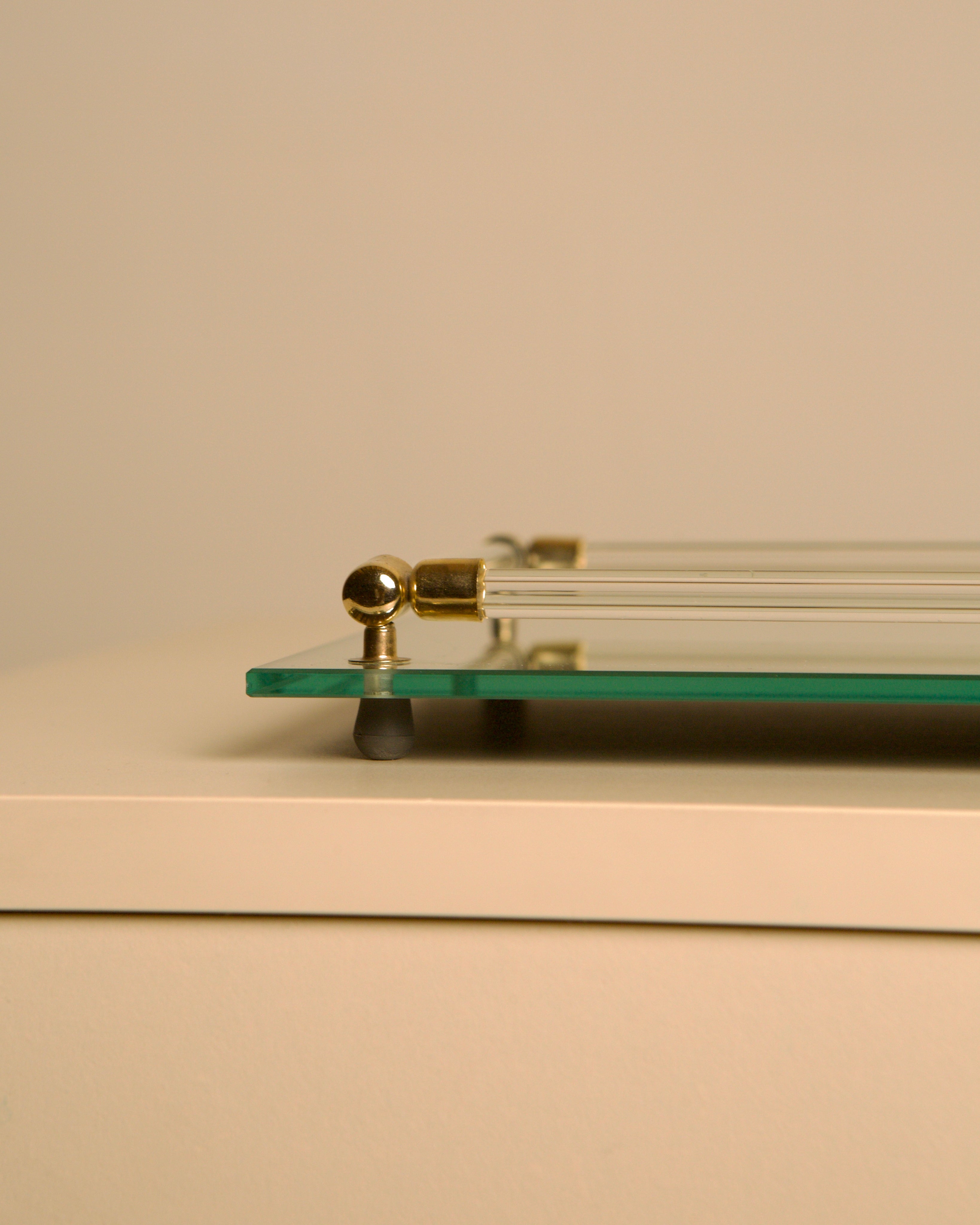 Italian mirror glass, lucite & brass tray, 1970s — close-up