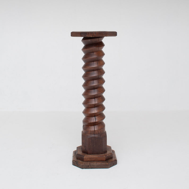 Brutalist Hand-Carved Wooden Pedestal in Solid Oak — detail view