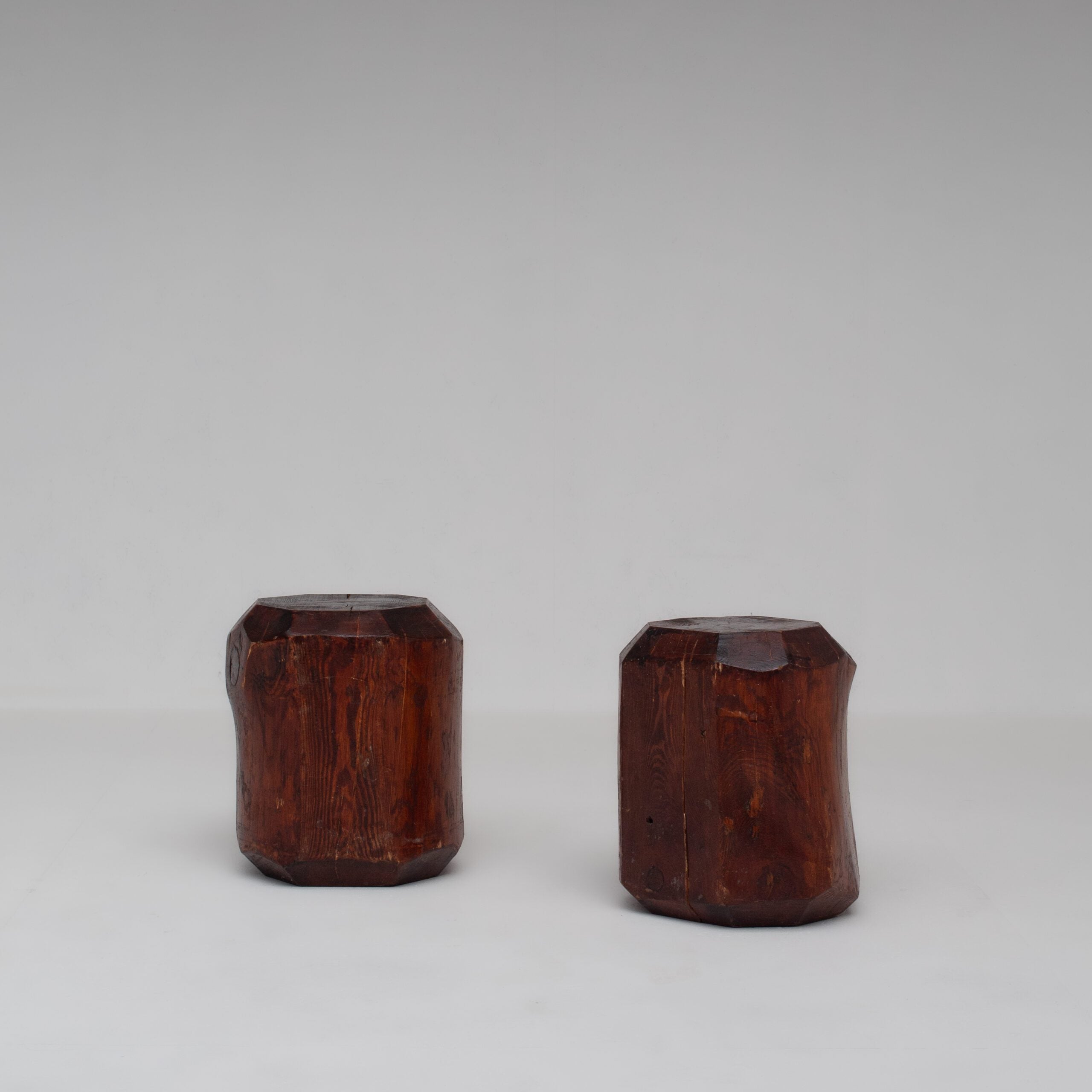 Sculptural Solid Wood Stools – Pair of Two Primitive Blocks — close-up