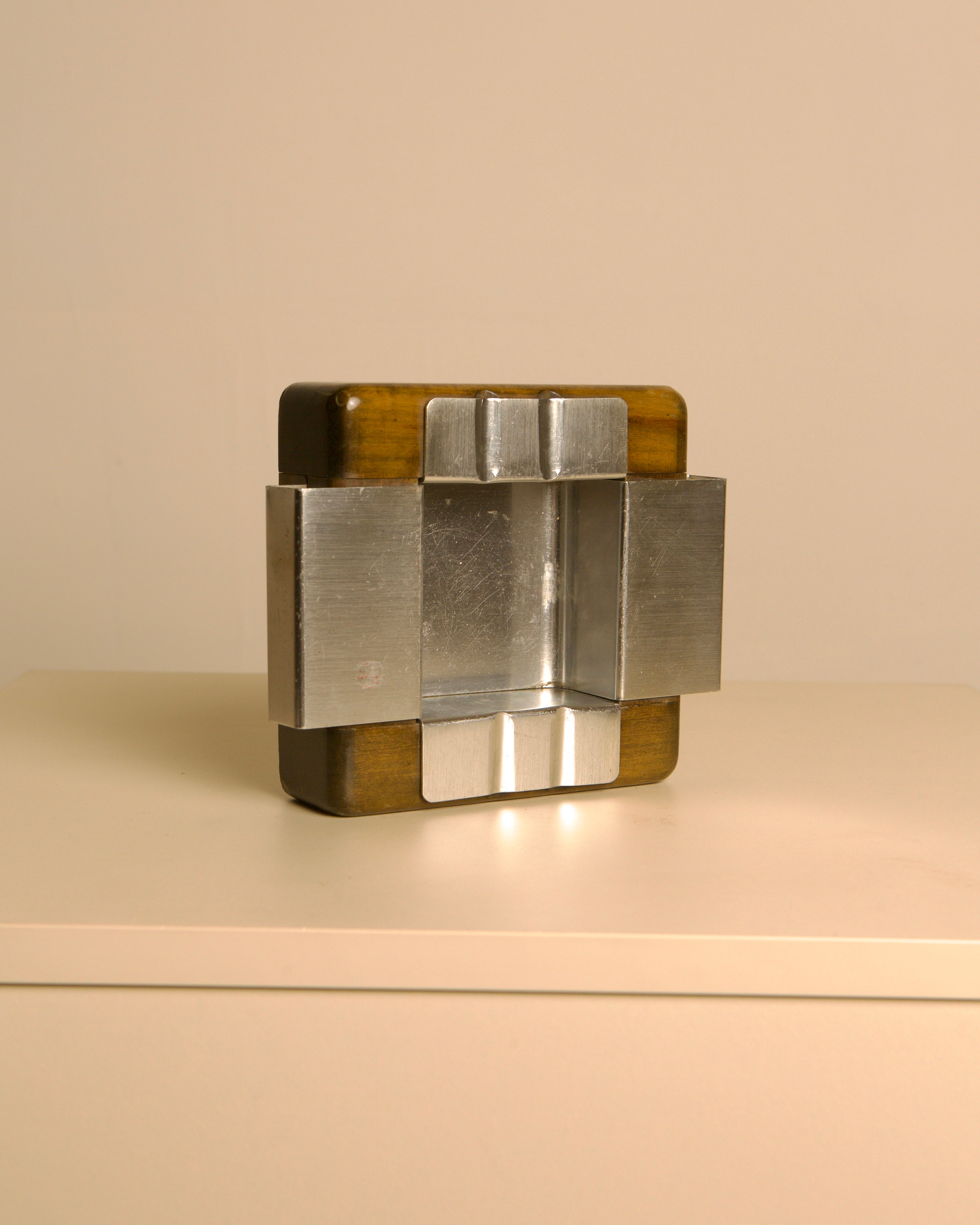 Italian Wood and Brushed Metal Ashtray, 1980s  — close-up