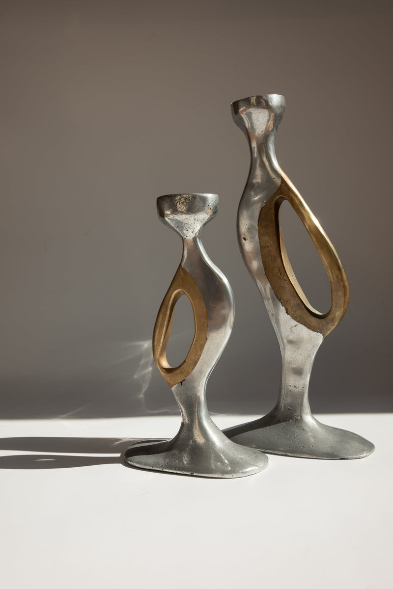 Brutalist Aluminium and Brass Candlesticks by Léopold - Spain, c. 1970s by Trove Paris | The Oblist