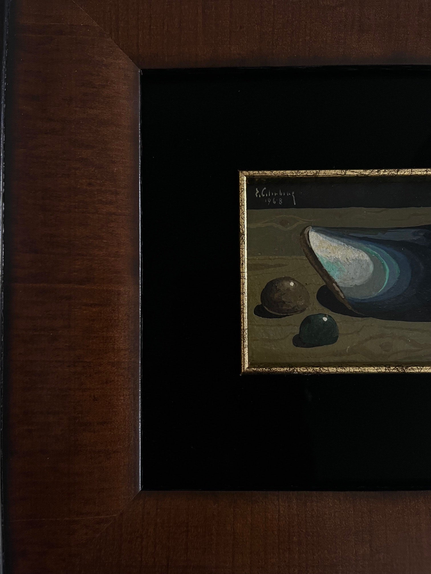 Still Life with Blue Mussel and Stones, 1968 — side angle showing framed painting with wooden border