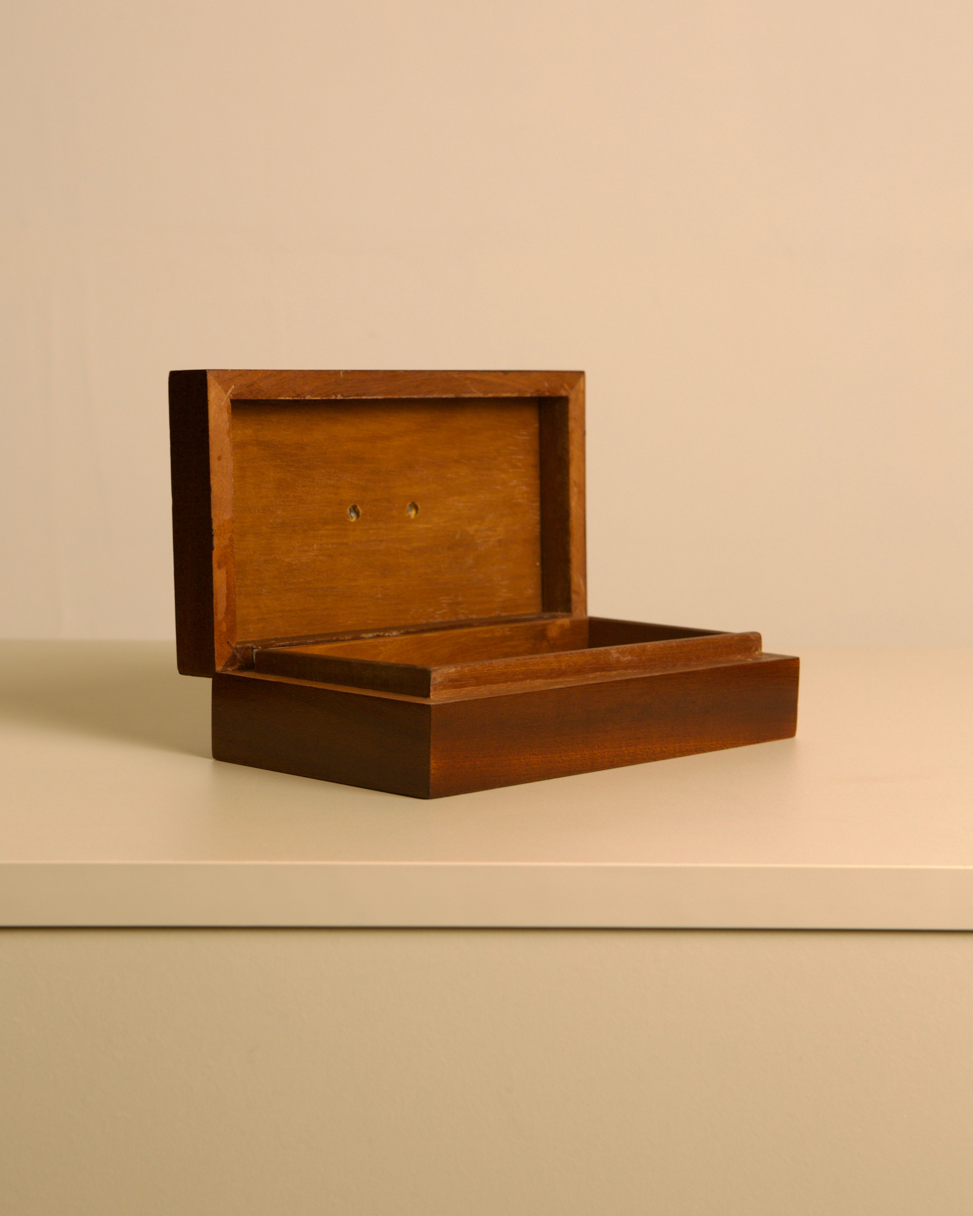 Italian Art Deco Box in wood and silver, 1930s — side angle showing open wooden box