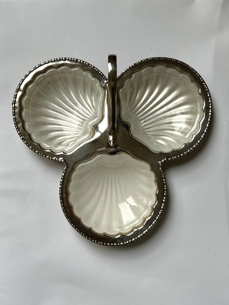 Silver shell-shaped serving dish with three compartments and beaded rim