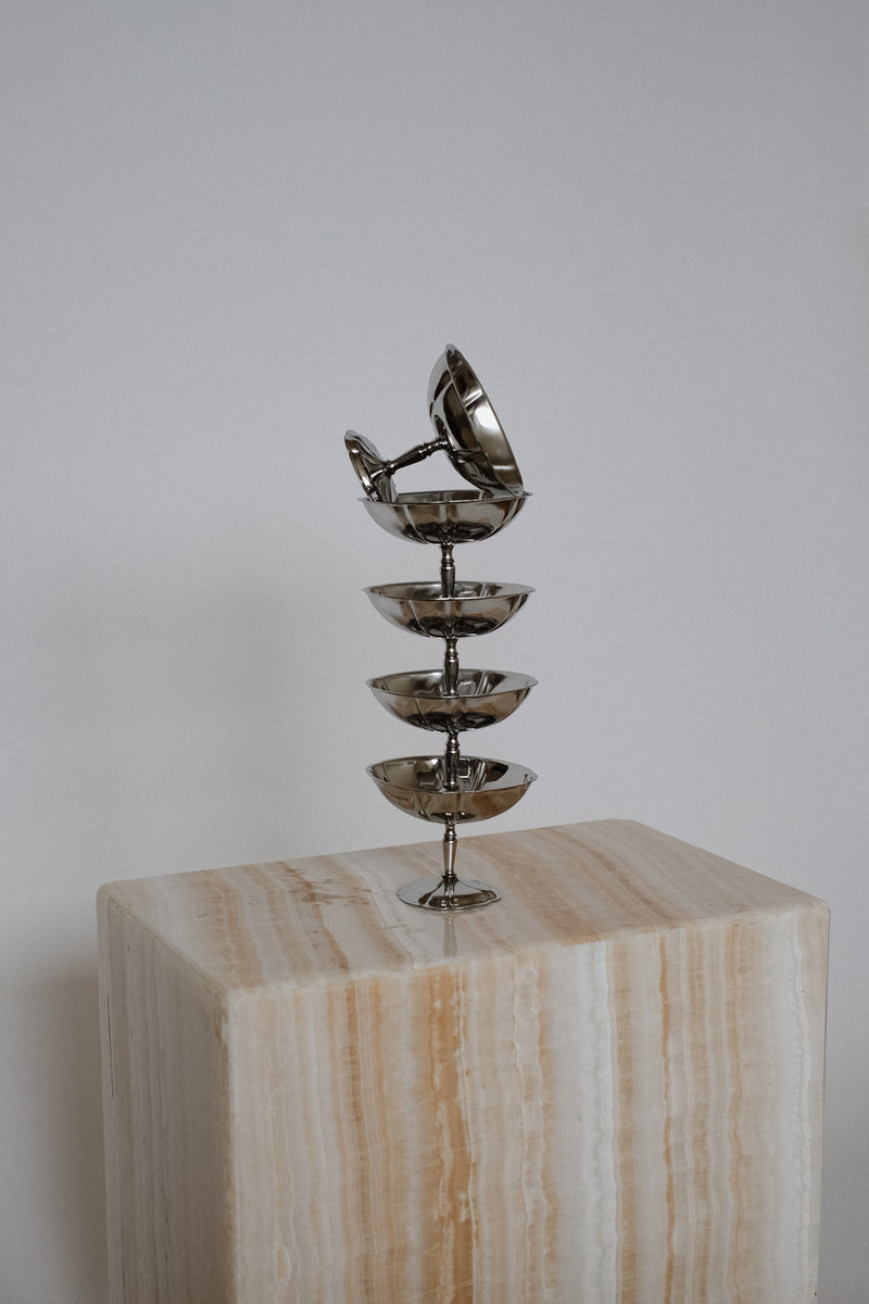 Set Large Ice Coupes — stacked metal bowls on stone pedestal