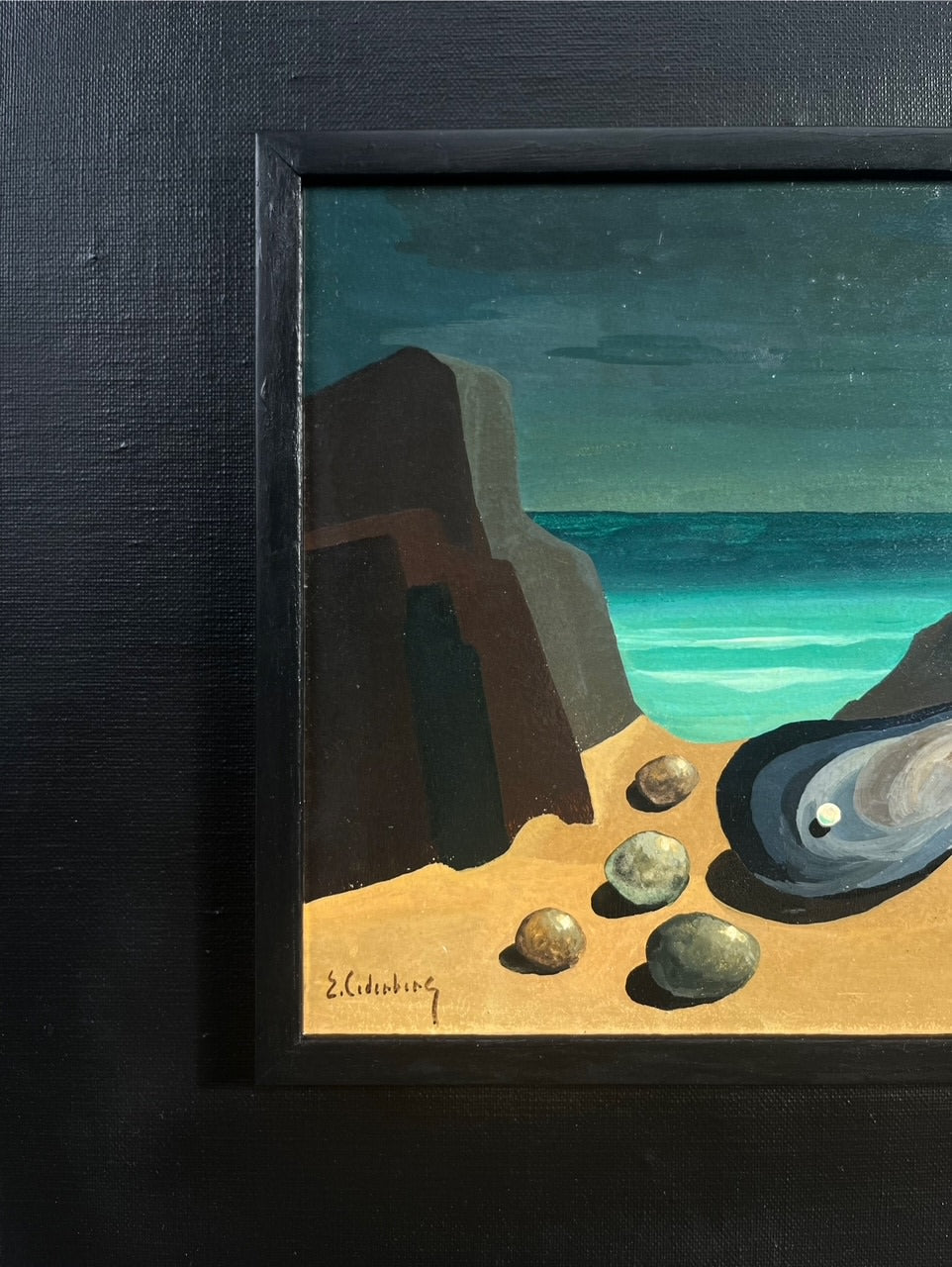Coastal landscape painting with rocks and shells on sandy beach