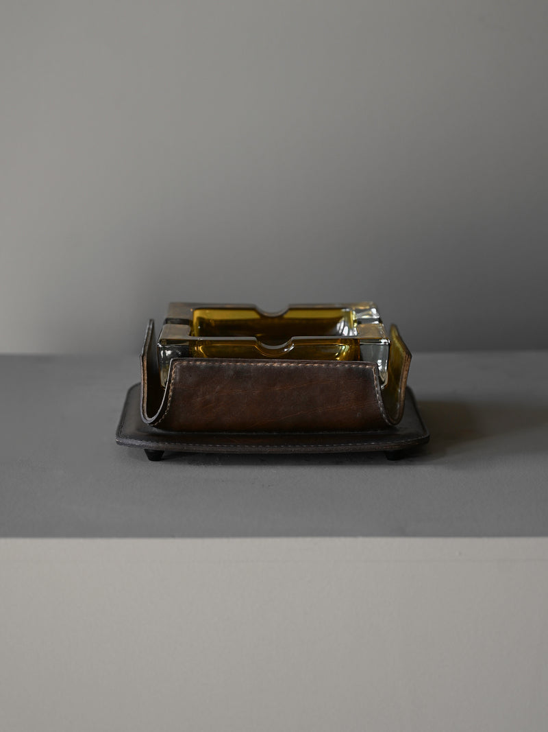 Cast-Glass and Leather Ashtray attributed to Jacques Adnet by Studio OSKLO | The Oblist