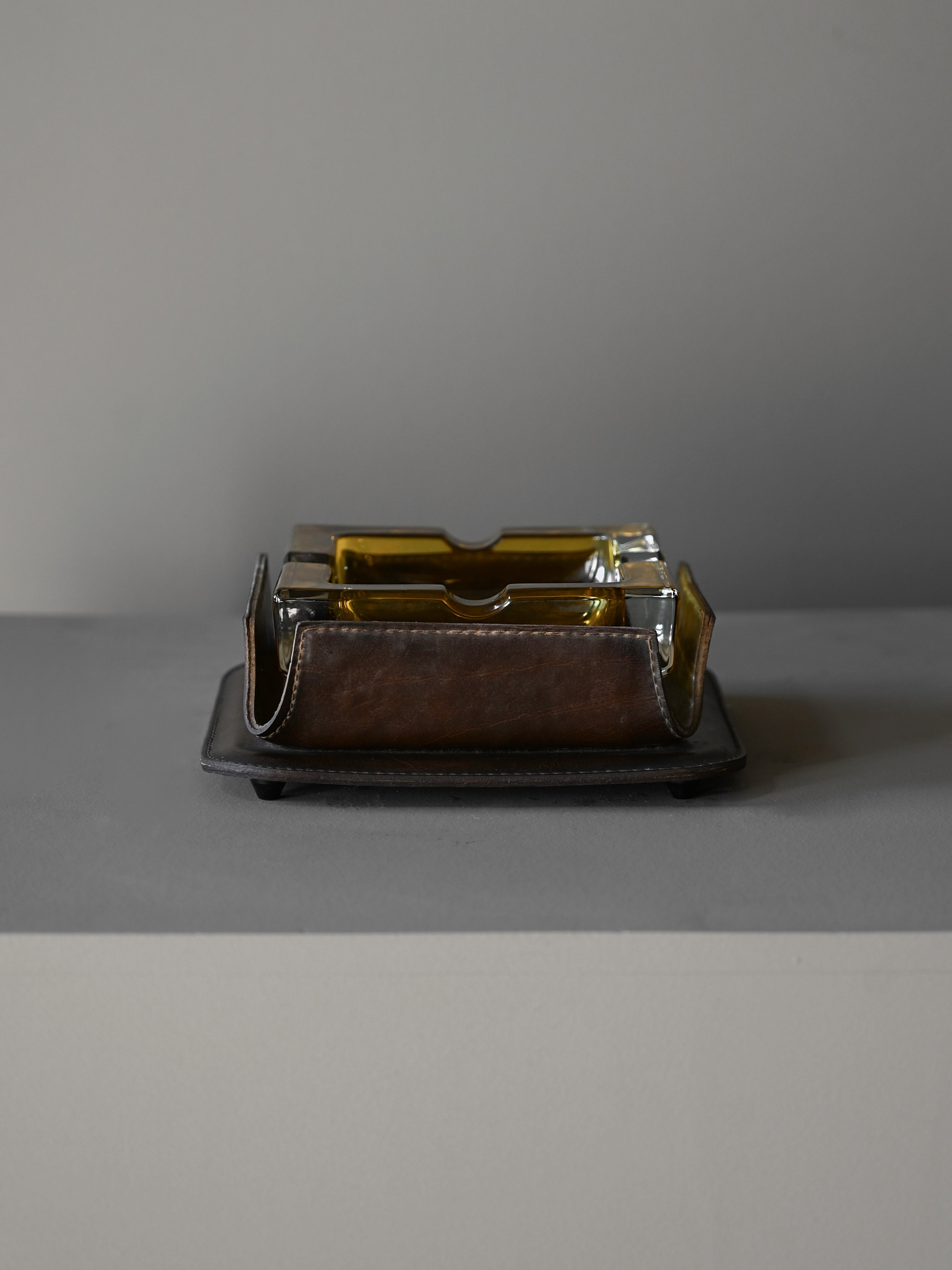 Cast-Glass and Leather Ashtray attributed to Jacques Adnet by Studio OSKLO | The Oblist