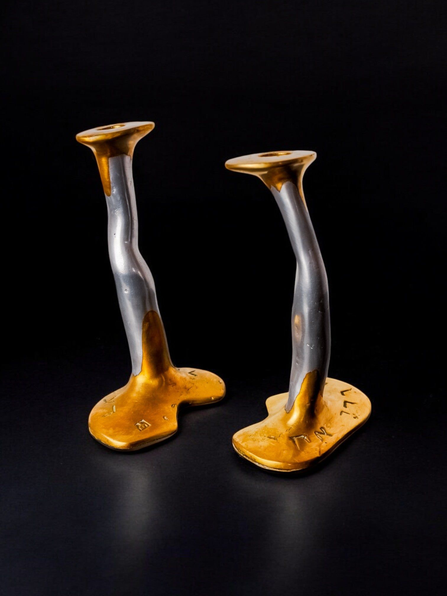 Pair of Brutalist Candleholders by David Marshall, 1980s — side angle showing metallic finish and organic shapes