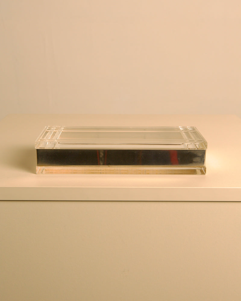 Large Rectangular Italian Silver and Plexiglass Box 70s — top view highlighting clear plexiglass surface