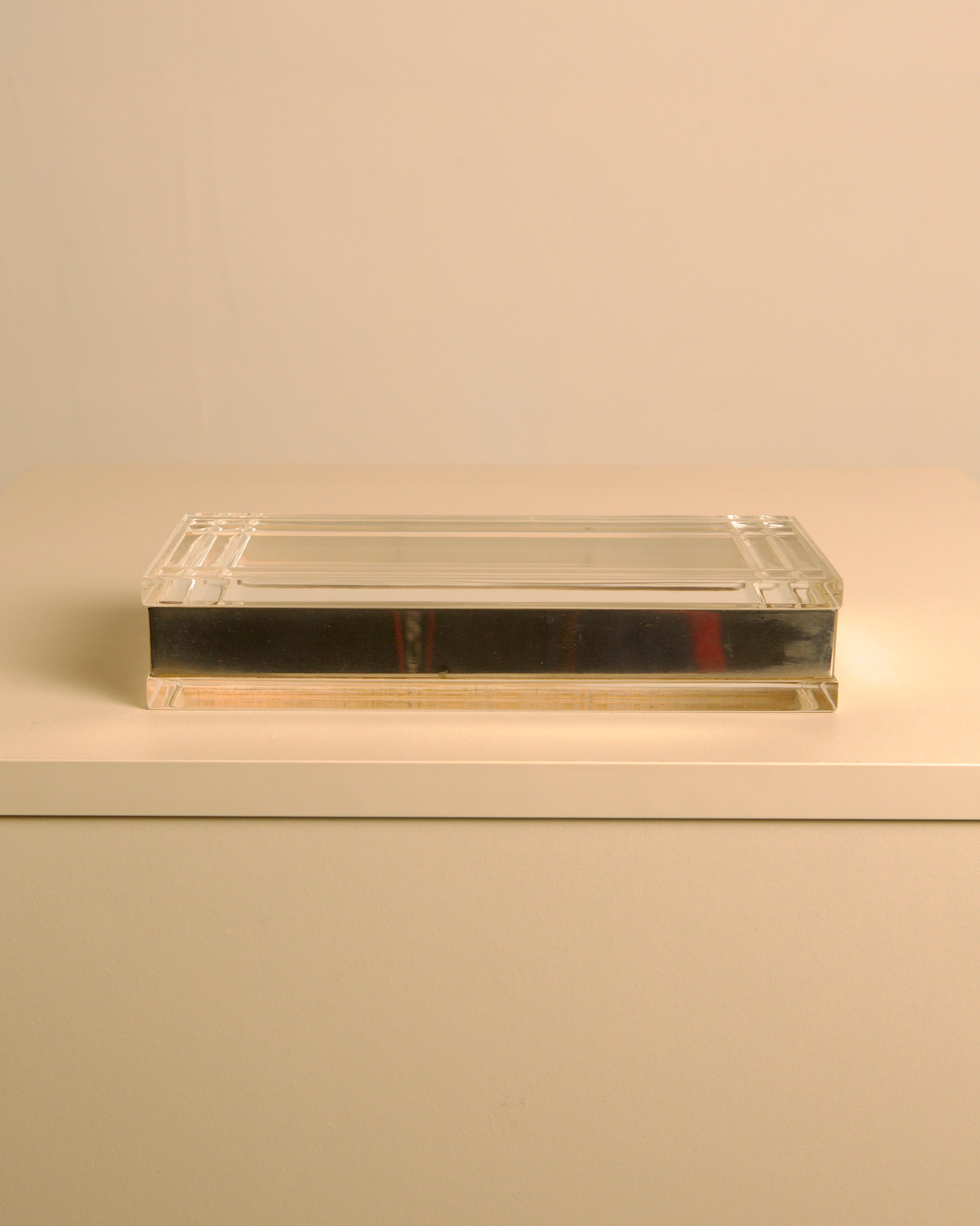 Large Rectangular Italian Silver and Plexiglass Box 70s — top view highlighting clear plexiglass surface